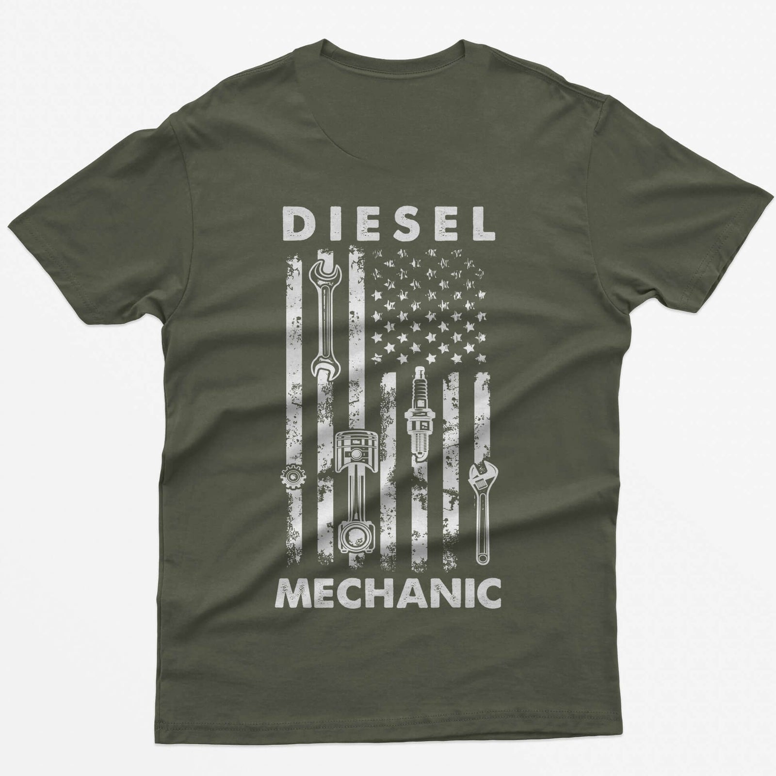 Military Green t-shirt with Diesel Mechanic back print, American flag with wrench, piston, spark plug and gear in the stripes