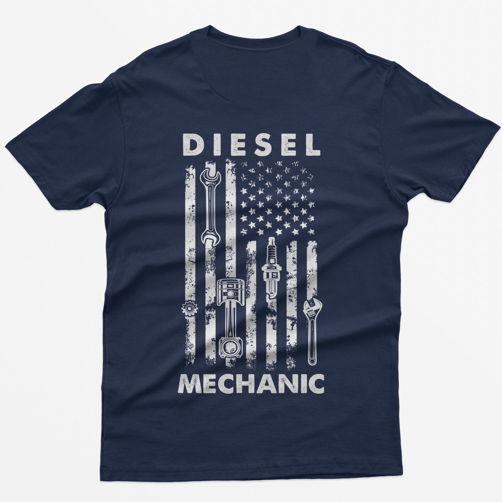 Navy t-shirt with Diesel Mechanic back print, American flag with wrench, piston, spark plug and gear in the stripes