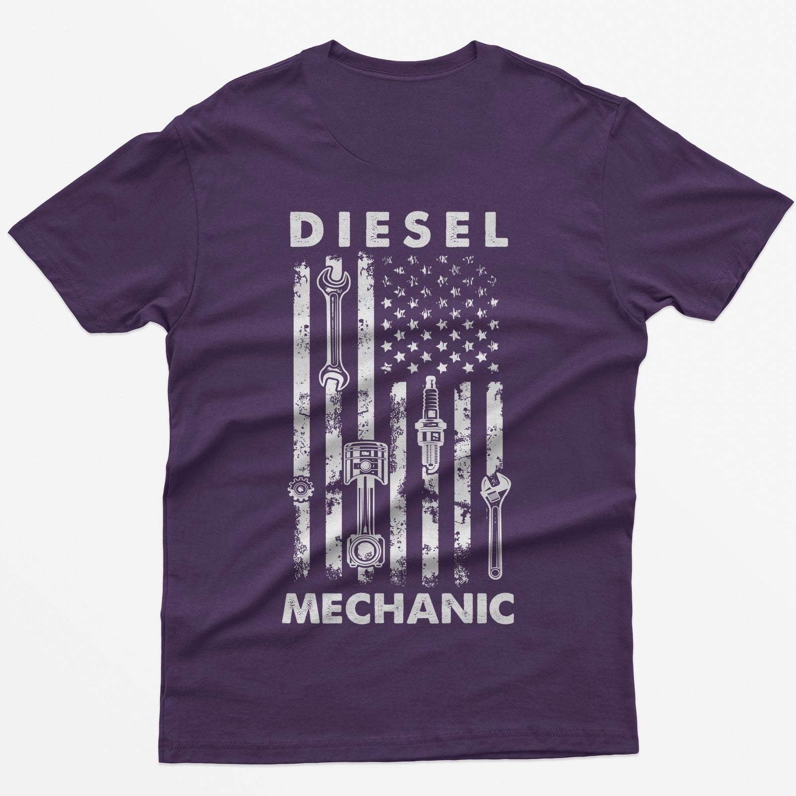 Purple t-shirt with Diesel Mechanic back print, American flag with wrench, piston, spark plug and gear in the stripes