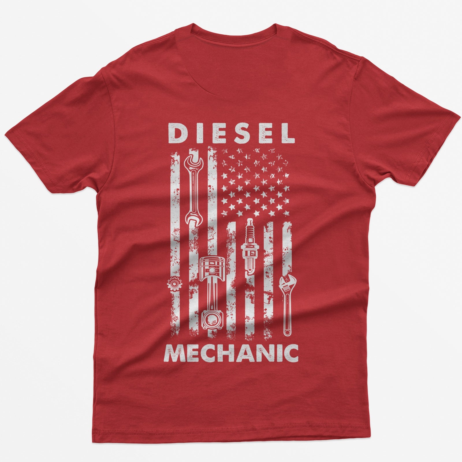 Red t-shirt with Diesel Mechanic back print, American flag with wrench, piston, spark plug and gear in the stripes
