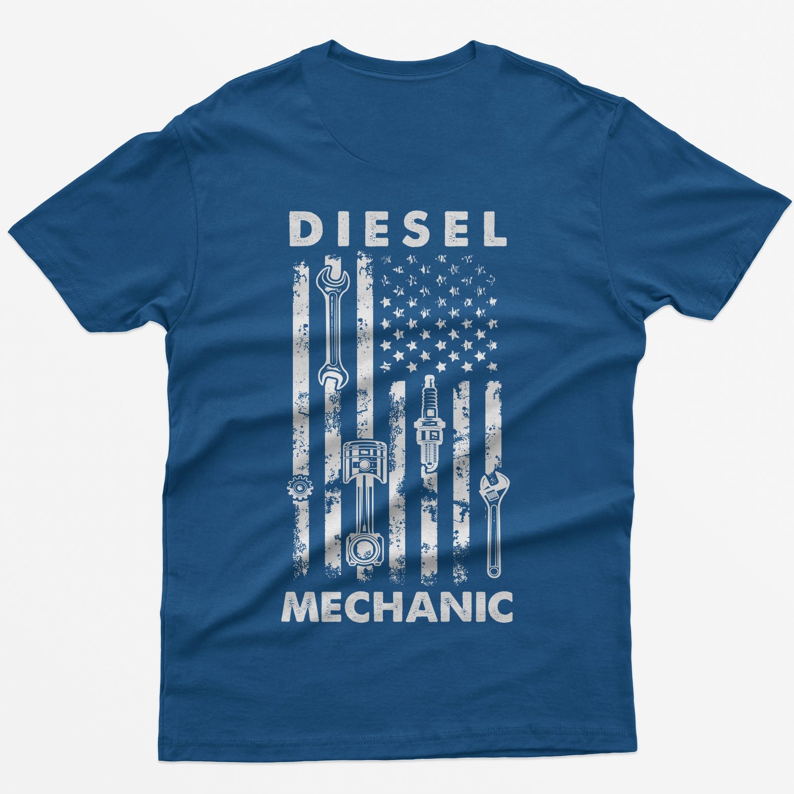 Royal t-shirt with Diesel Mechanic back print, American flag with wrench, piston, spark plug and gear in the stripes