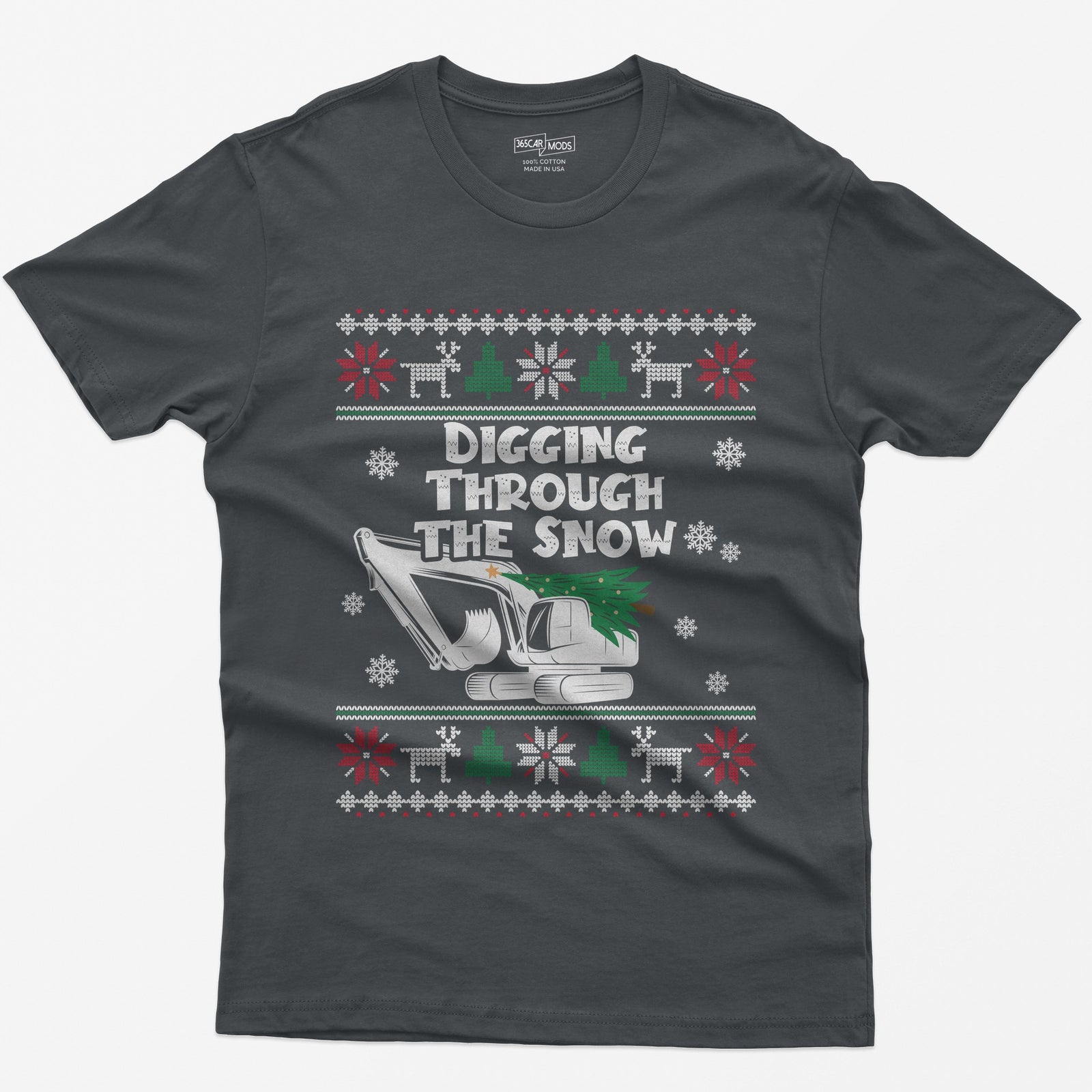 Digging Through the Snow Excavator Christmas T-Shirt - Charcoal