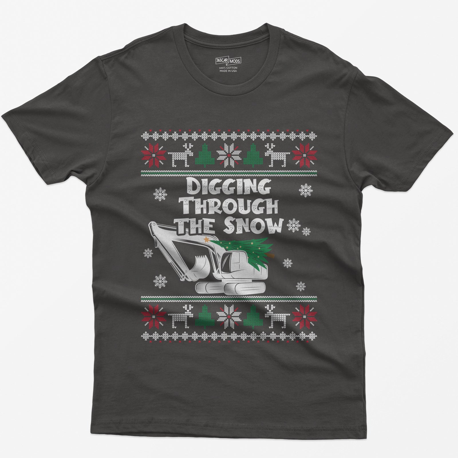Digging Through the Snow Excavator Christmas T-Shirt - Dark Heather