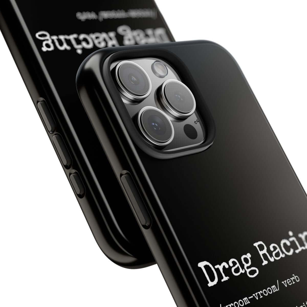 Drag Racing Definition tough phone case, close-up of the print
