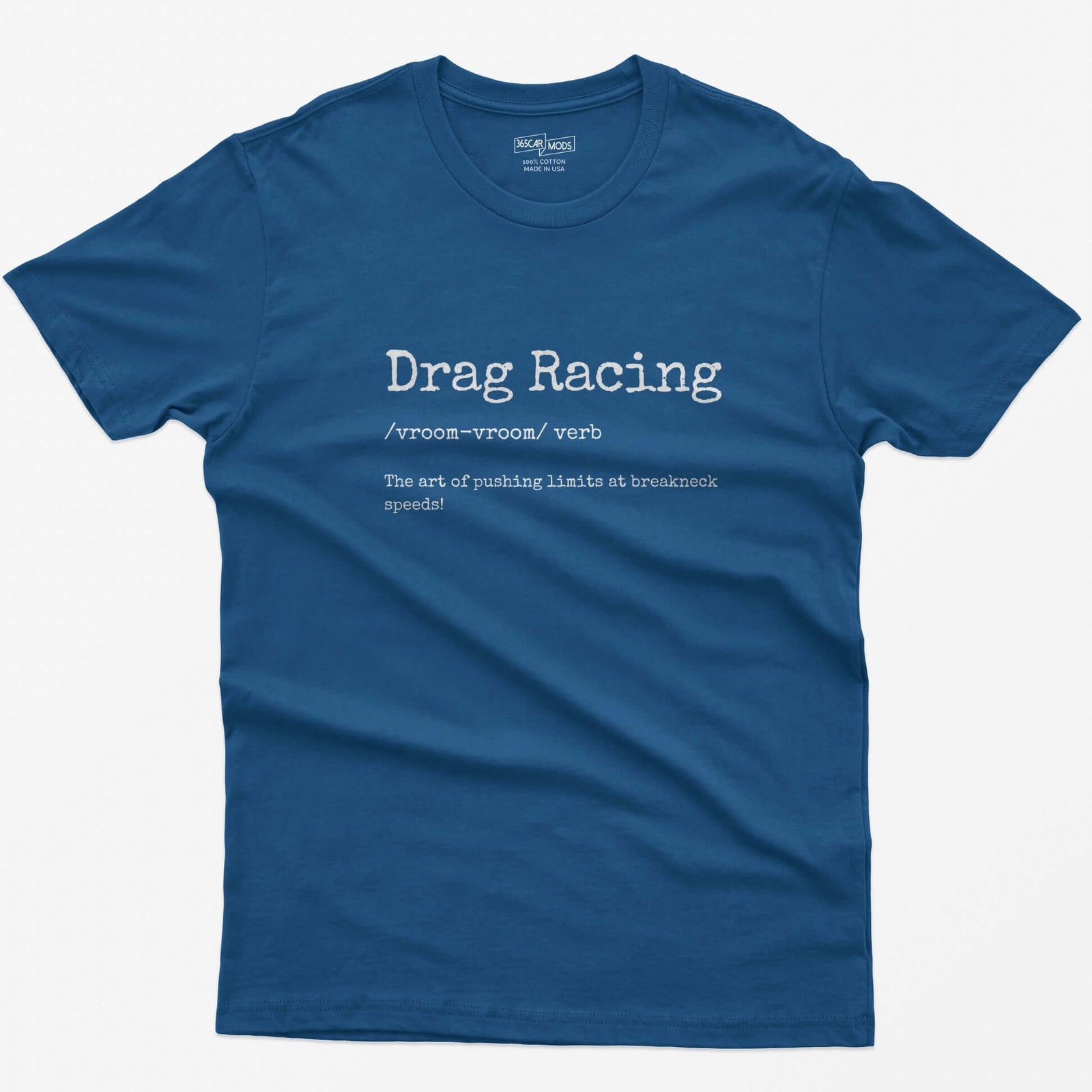 Royal t-shirt with typewriter-style Drag Racing definition print: the art of pushing limits at breakneck speeds