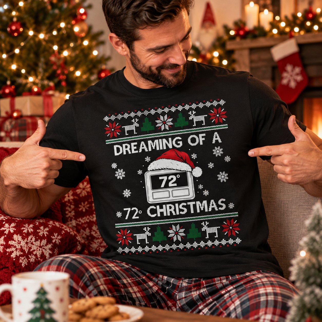 Man in the black HVAC Christmas sweatshirt pointing at the Santa hat thermostat