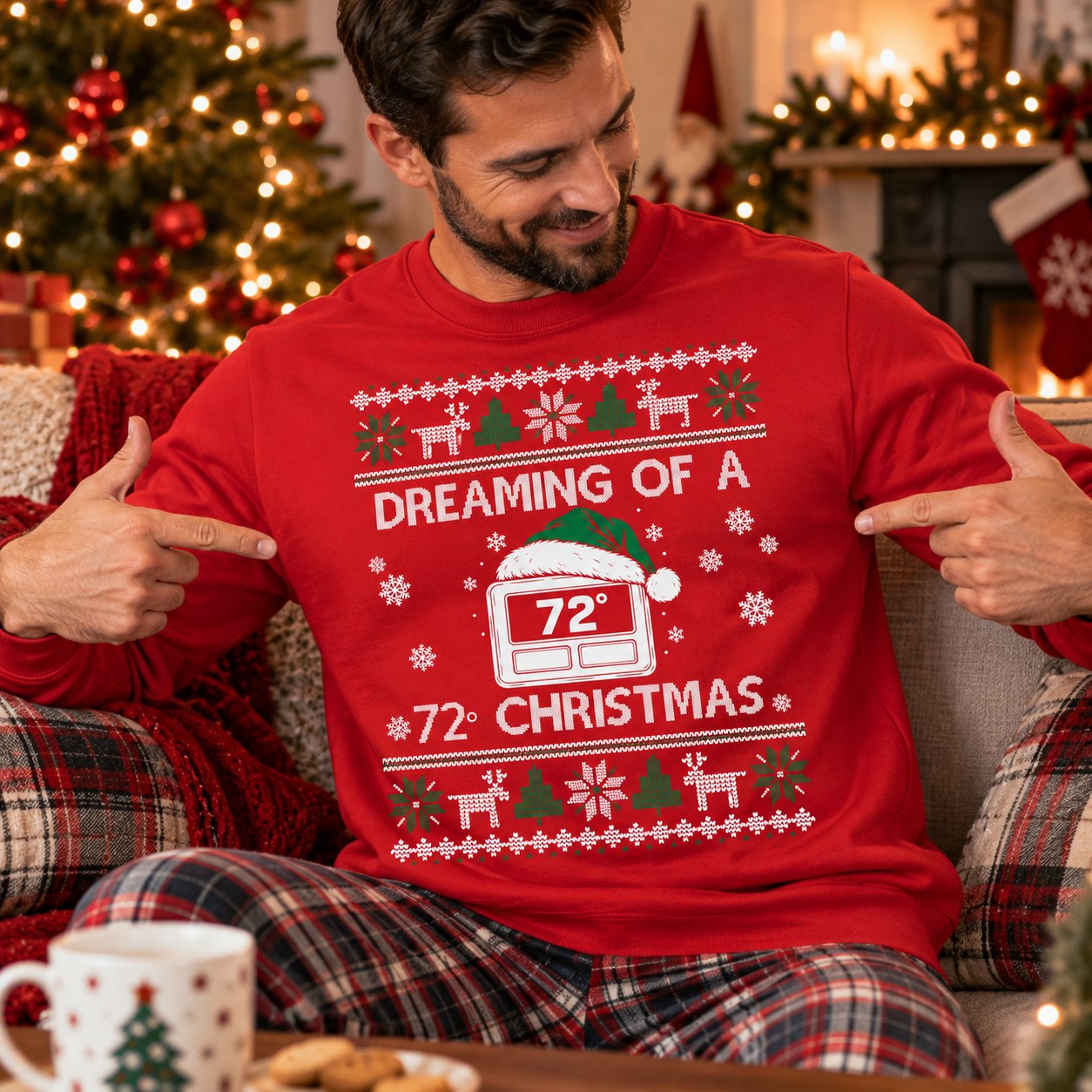 Man in the red 72 degree Christmas sweatshirt by the fireplace and Christmas tree