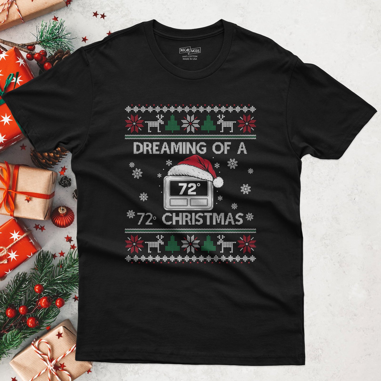 Black HVAC Christmas t-shirt: a 72 degree thermostat in a Santa hat, DREAMING OF A 72° CHRISTMAS in ugly sweater knit letters