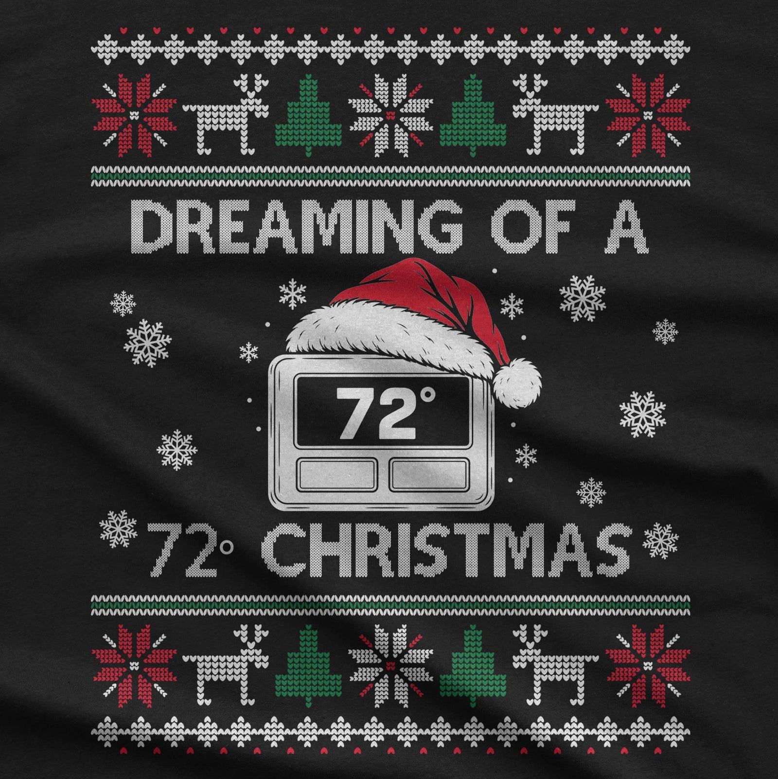 Close-up of the ugly sweater thermostat print with reindeer, trees and snowflakes