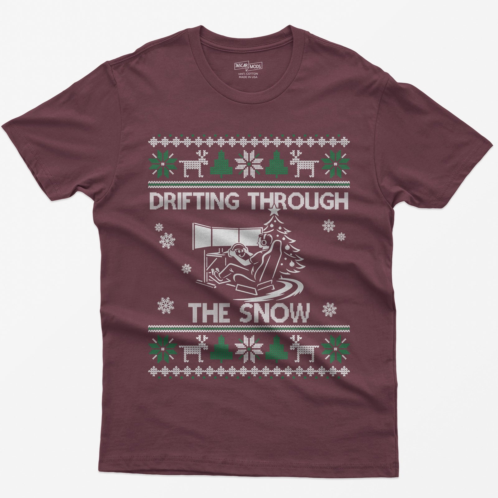 Drifting Through the Snow Sim Racing Christmas T-Shirt - Maroon