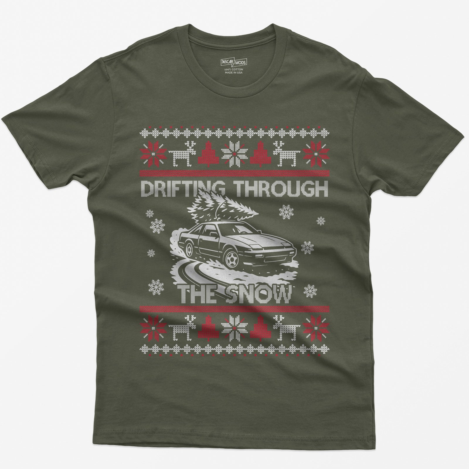 S13 240SX Drifting Through the Snow Ugly Christmas T-Shirt - Military Green