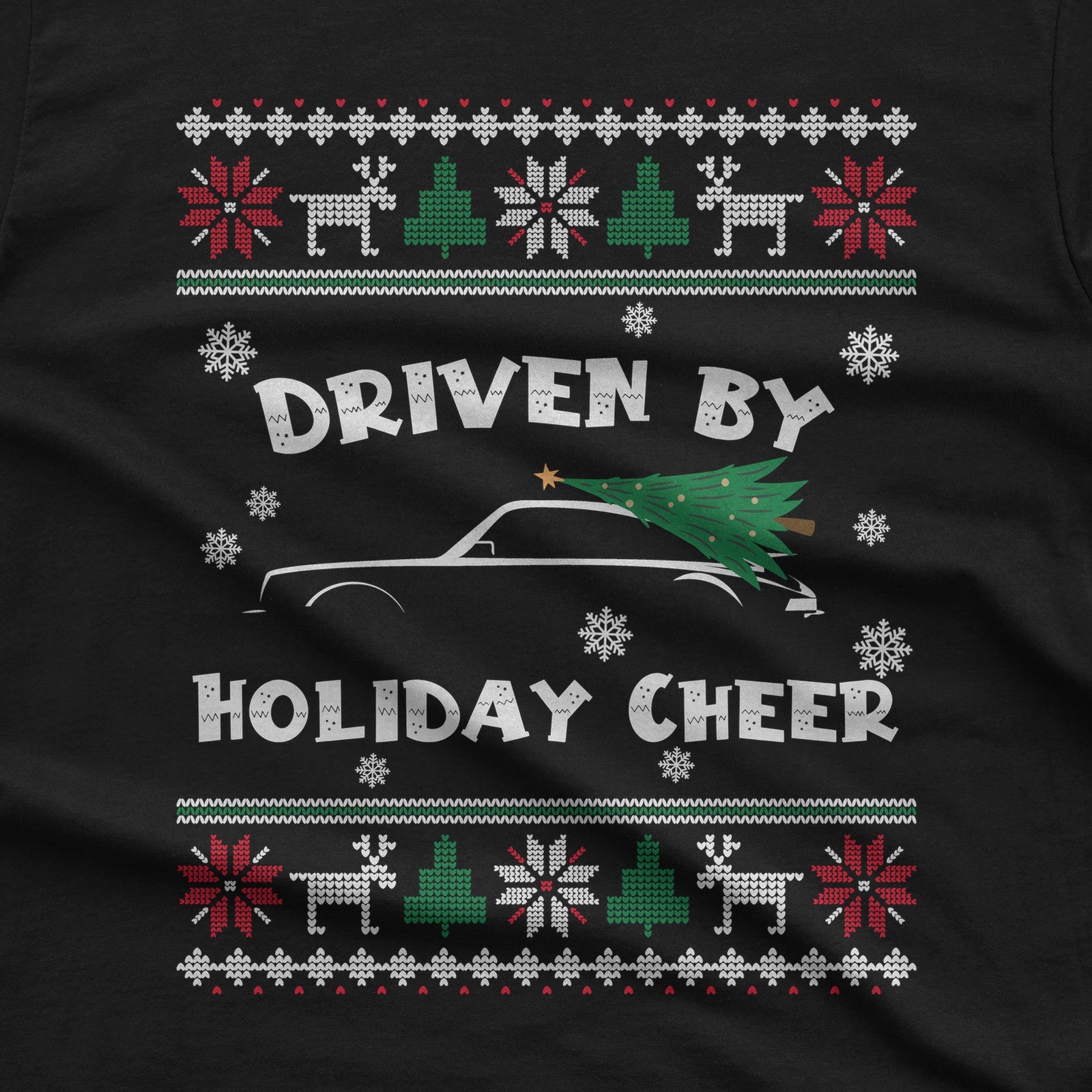 Driven by Holiday Cheer Sports Car Christmas T-Shirt design close-up
