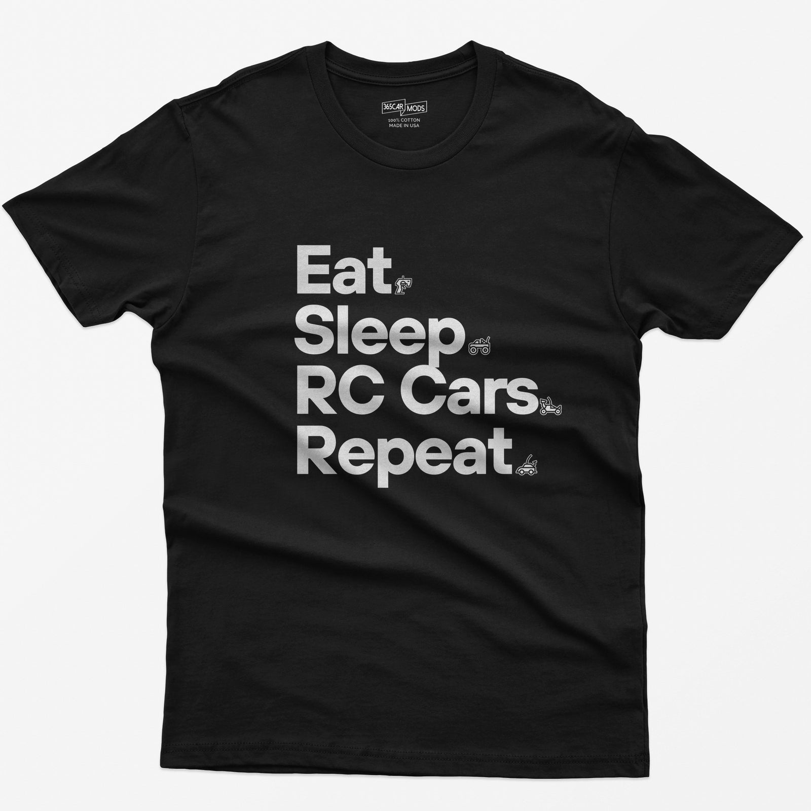 Black t-shirt with white Eat Sleep RC Cars Repeat text and small RC transmitter, monster truck, buggy and car icons