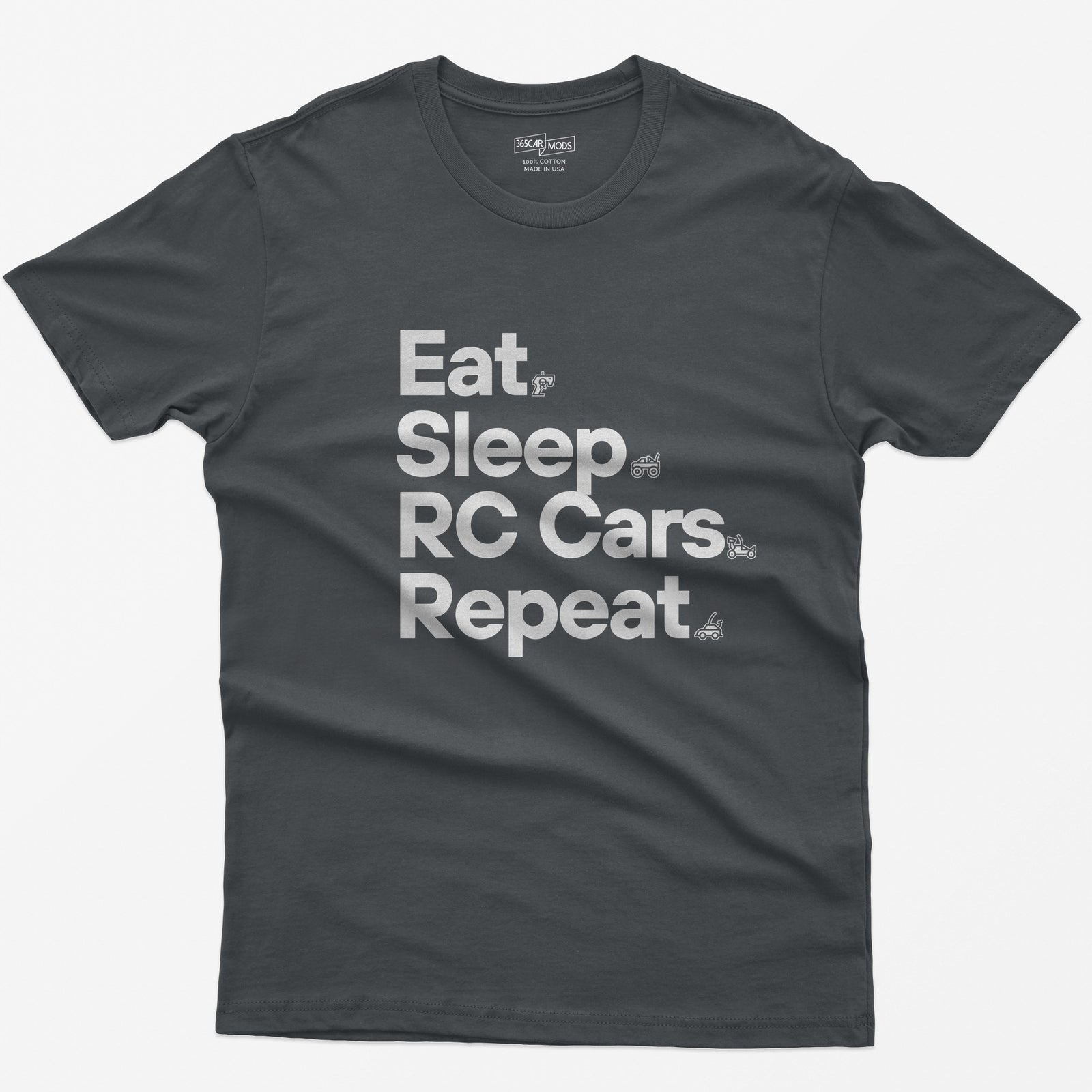 Charcoal t-shirt with white Eat Sleep RC Cars Repeat text and small RC transmitter, monster truck, buggy and car icons