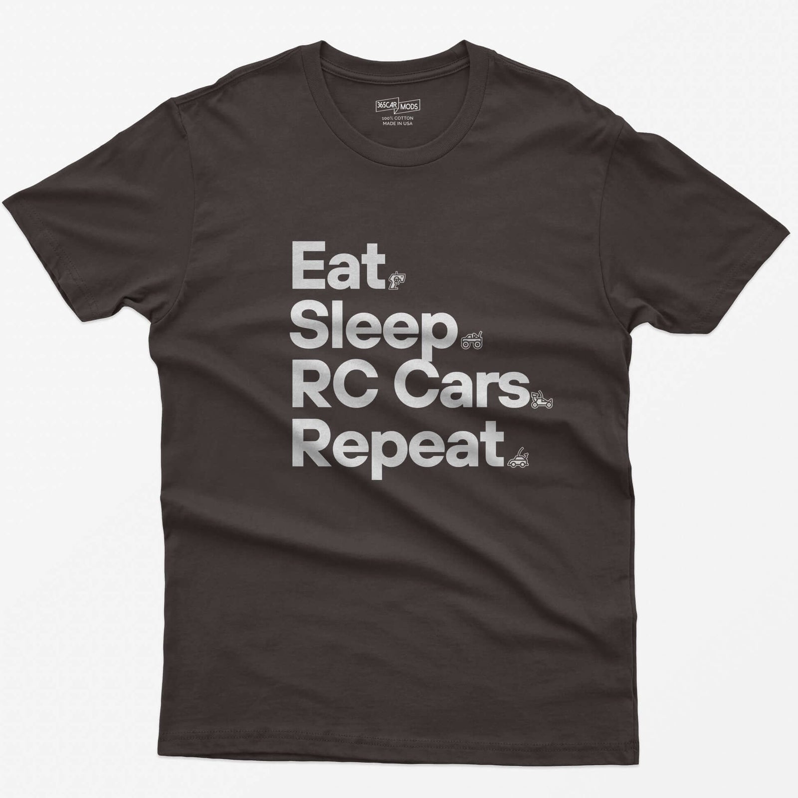 Dark Chocolate t-shirt with white Eat Sleep RC Cars Repeat text and small RC transmitter, monster truck, buggy and car icons