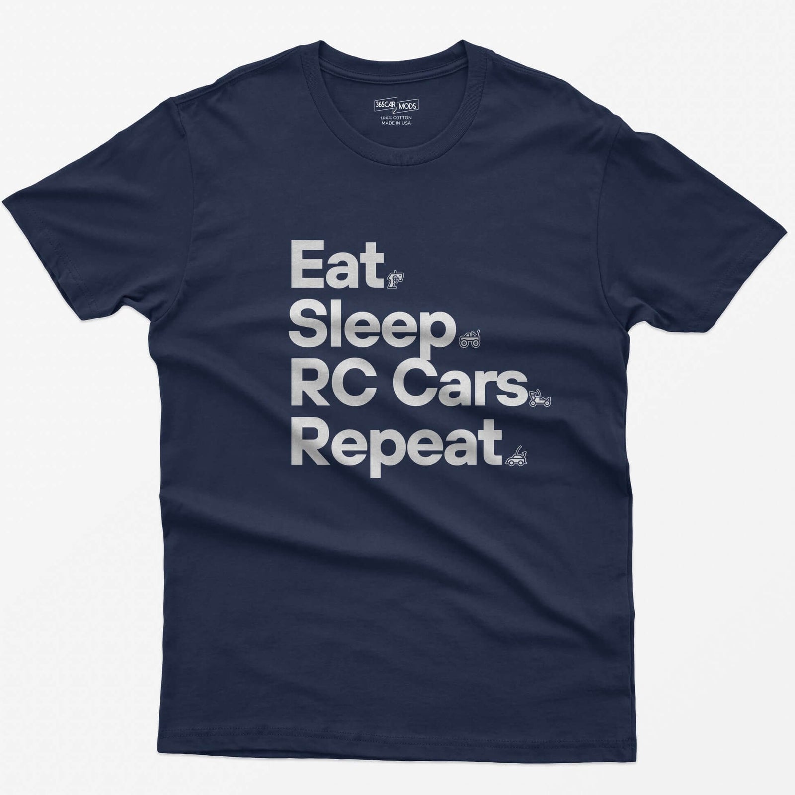 Navy t-shirt with white Eat Sleep RC Cars Repeat text and small RC transmitter, monster truck, buggy and car icons