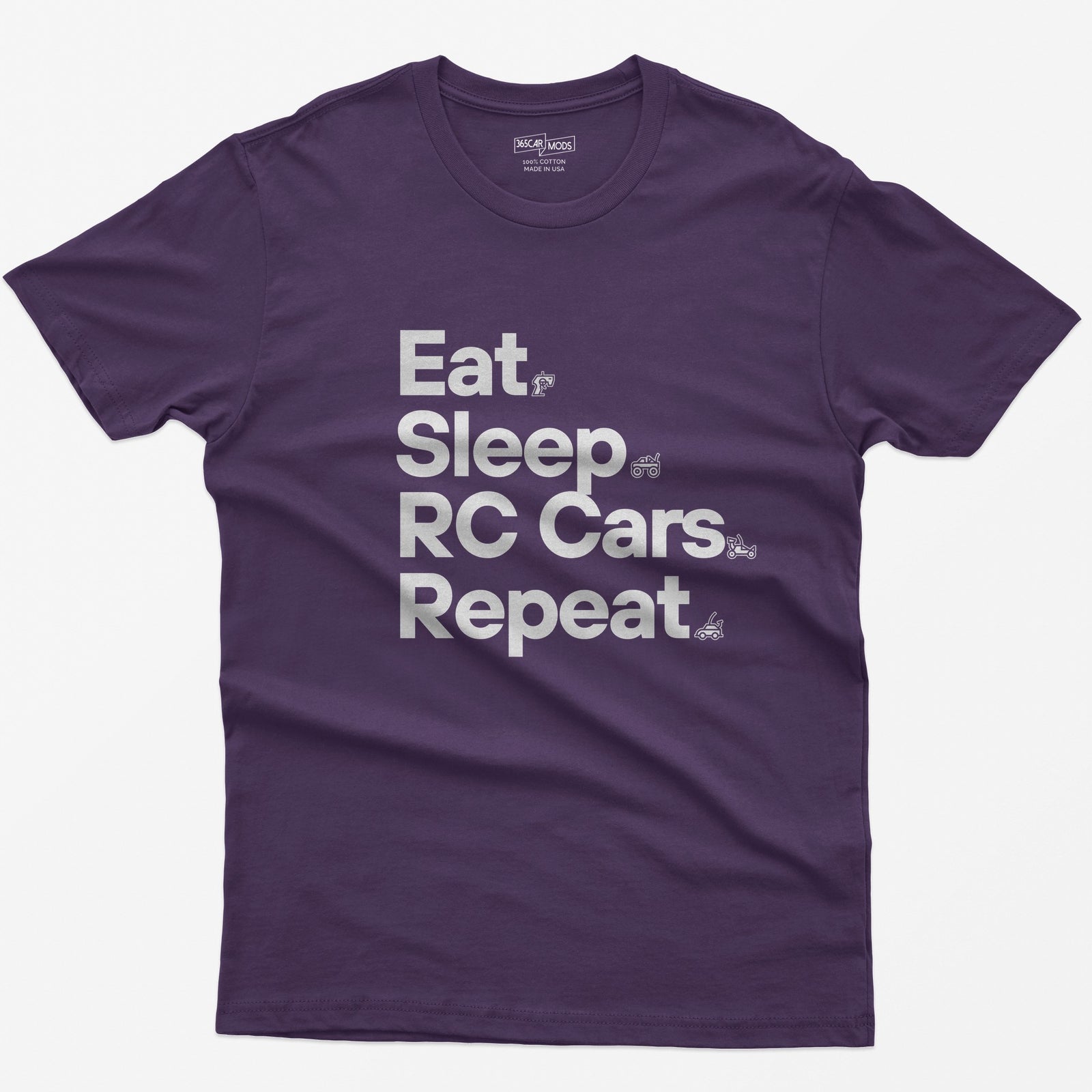 Purple t-shirt with white Eat Sleep RC Cars Repeat text and small RC transmitter, monster truck, buggy and car icons