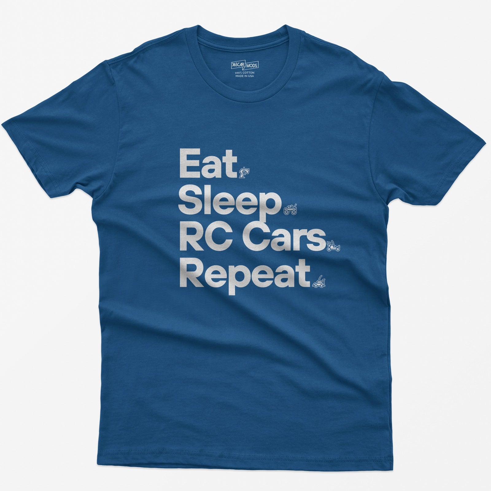 Royal t-shirt with white Eat Sleep RC Cars Repeat text and small RC transmitter, monster truck, buggy and car icons