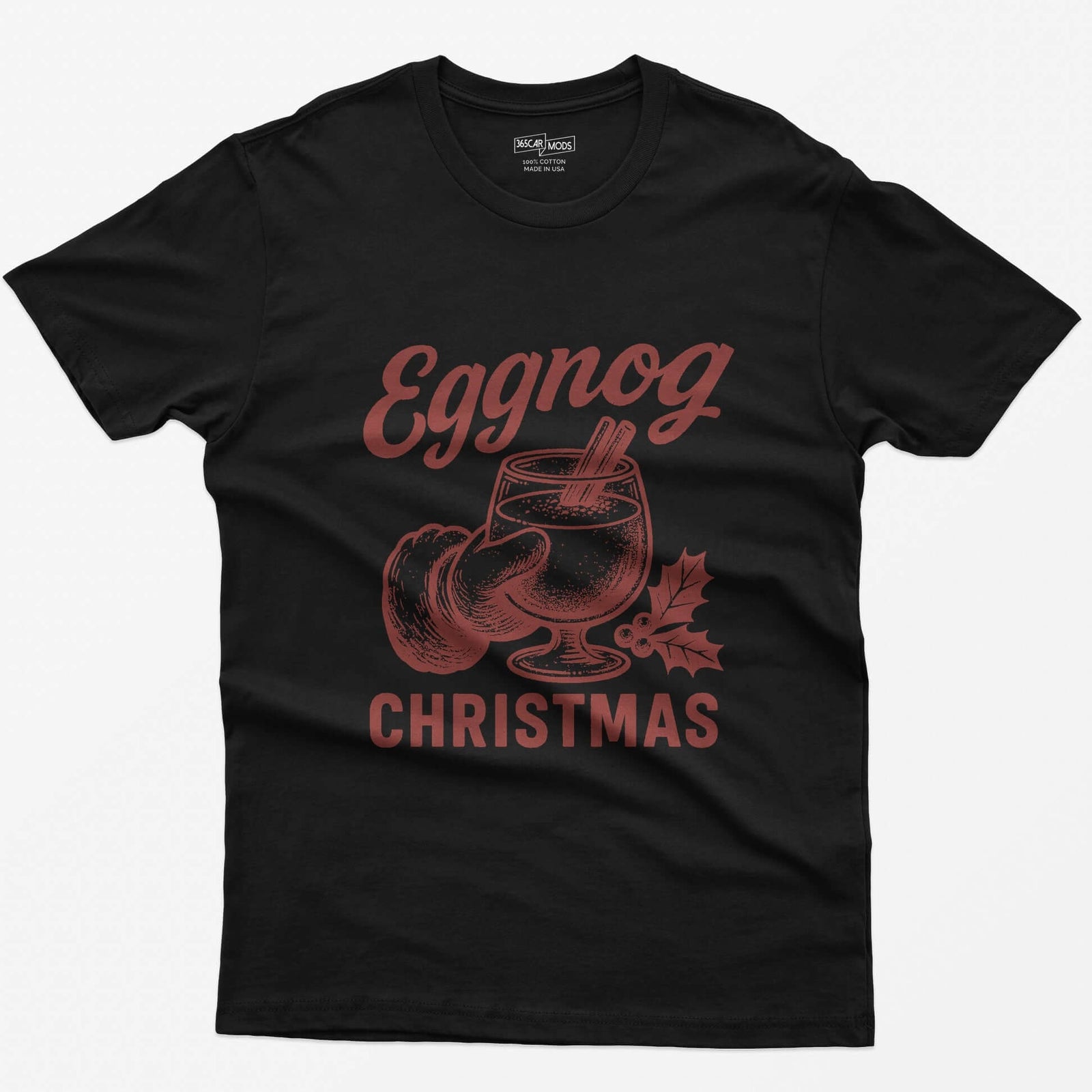 Black t-shirt with red vintage print of a Santa hand holding a glass of eggnog with cinnamon sticks, text Eggnog Christmas