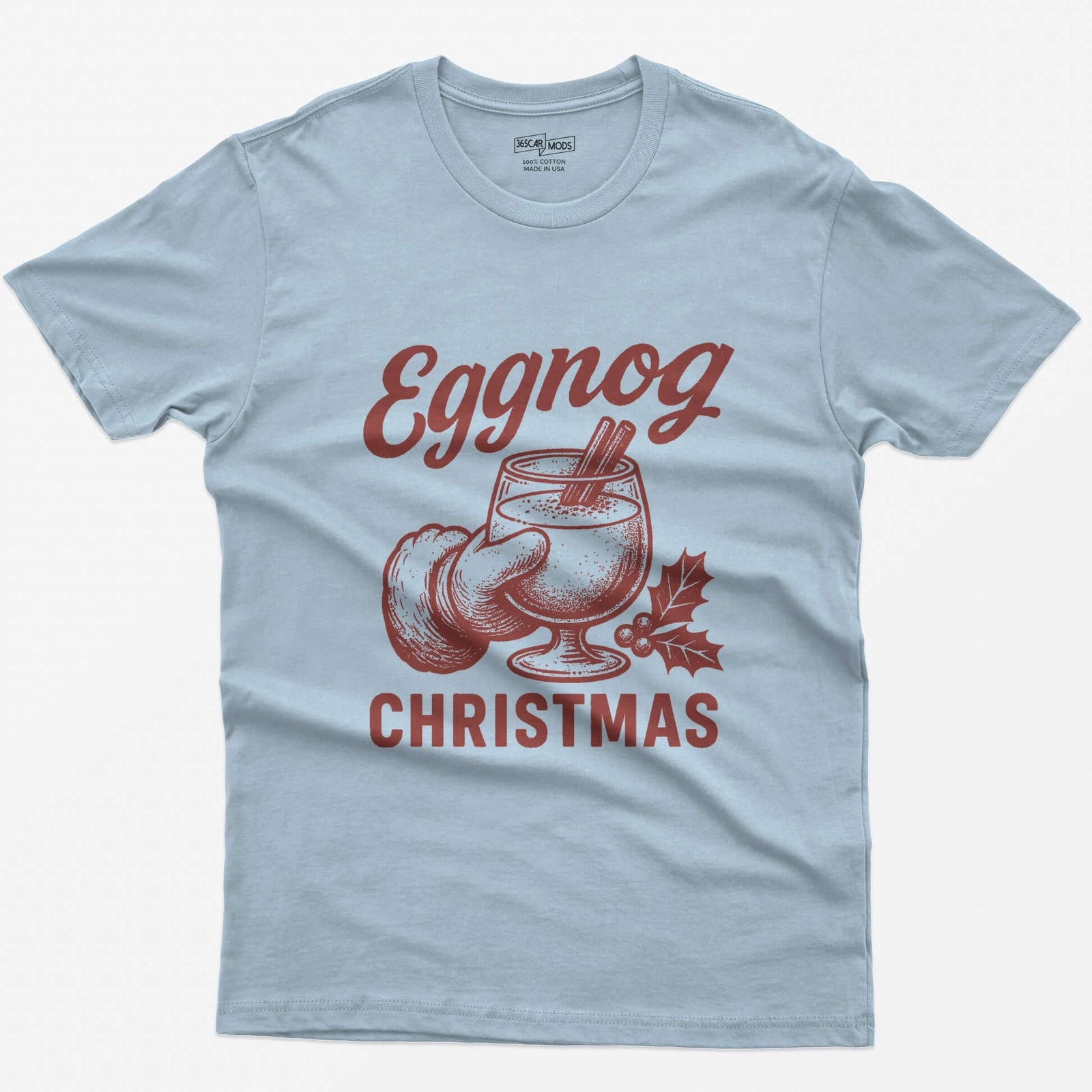 Light Blue t-shirt with red vintage print of a Santa hand holding a glass of eggnog with cinnamon sticks, text Eggnog Christmas