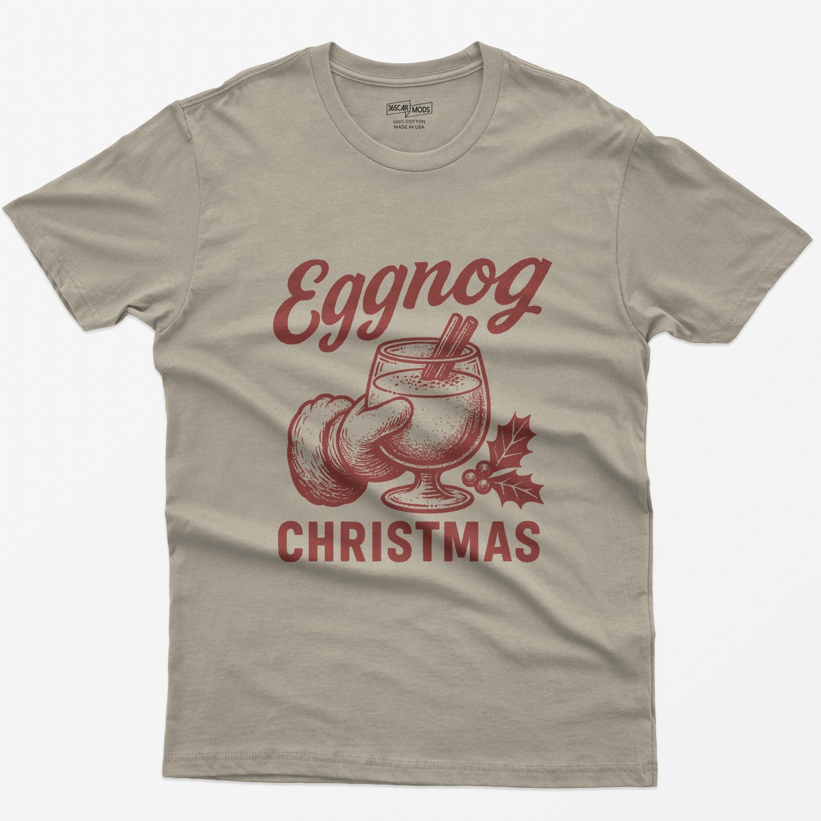 Sand t-shirt with red vintage print of a Santa hand holding a glass of eggnog with cinnamon sticks, text Eggnog Christmas