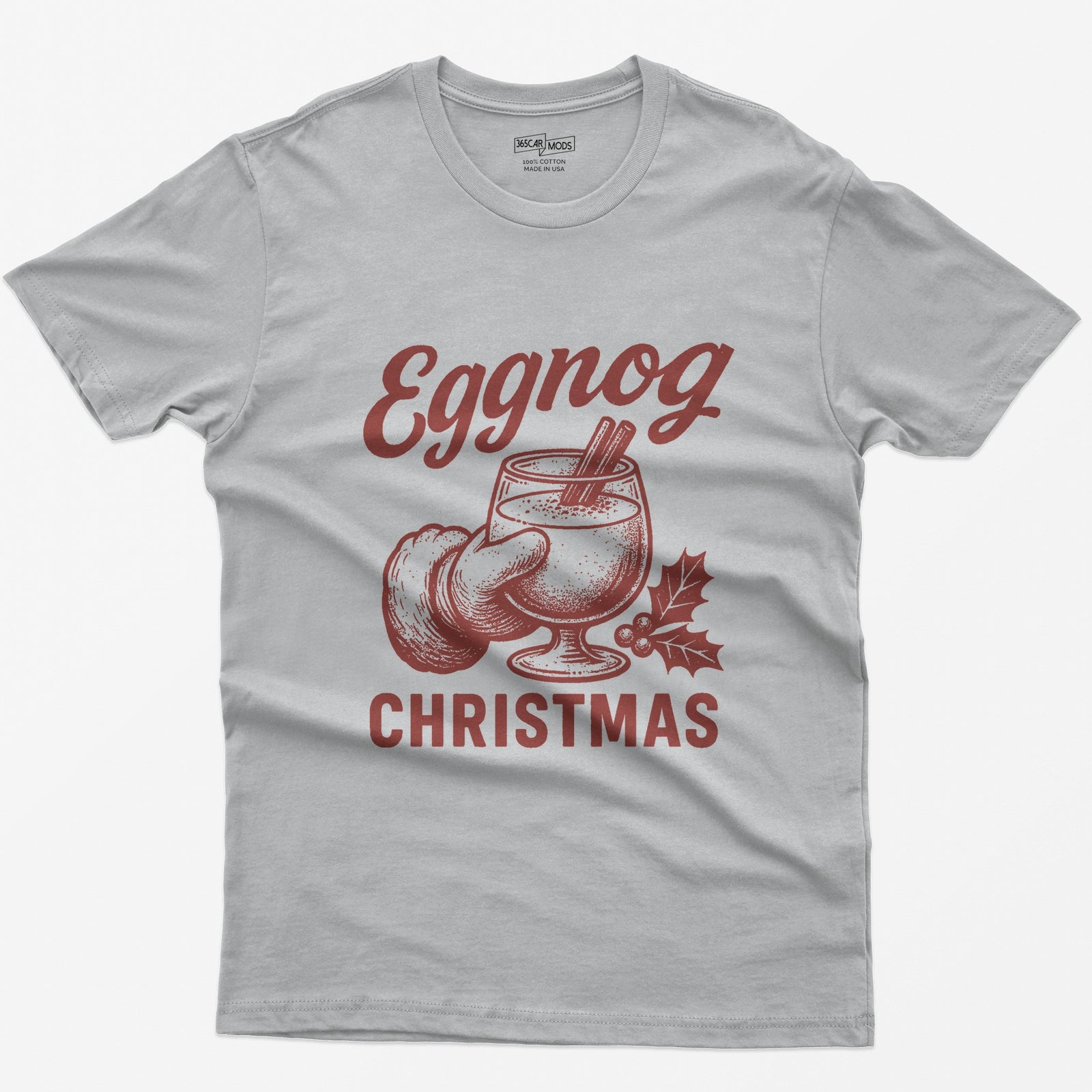 Sport Grey t-shirt with red vintage print of a Santa hand holding a glass of eggnog with cinnamon sticks, text Eggnog Christmas
