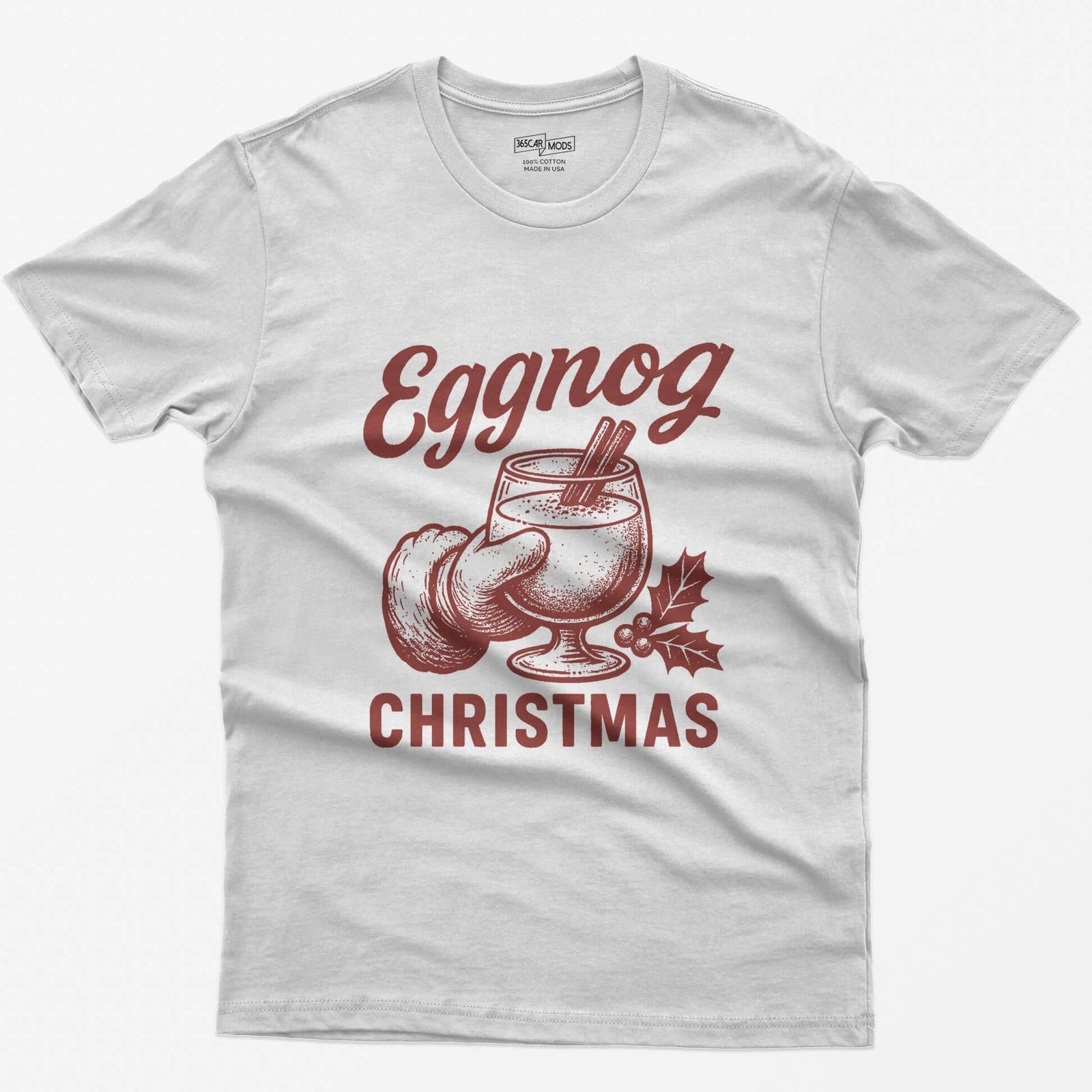 White t-shirt with red vintage print of a Santa hand holding a glass of eggnog with cinnamon sticks, text Eggnog Christmas