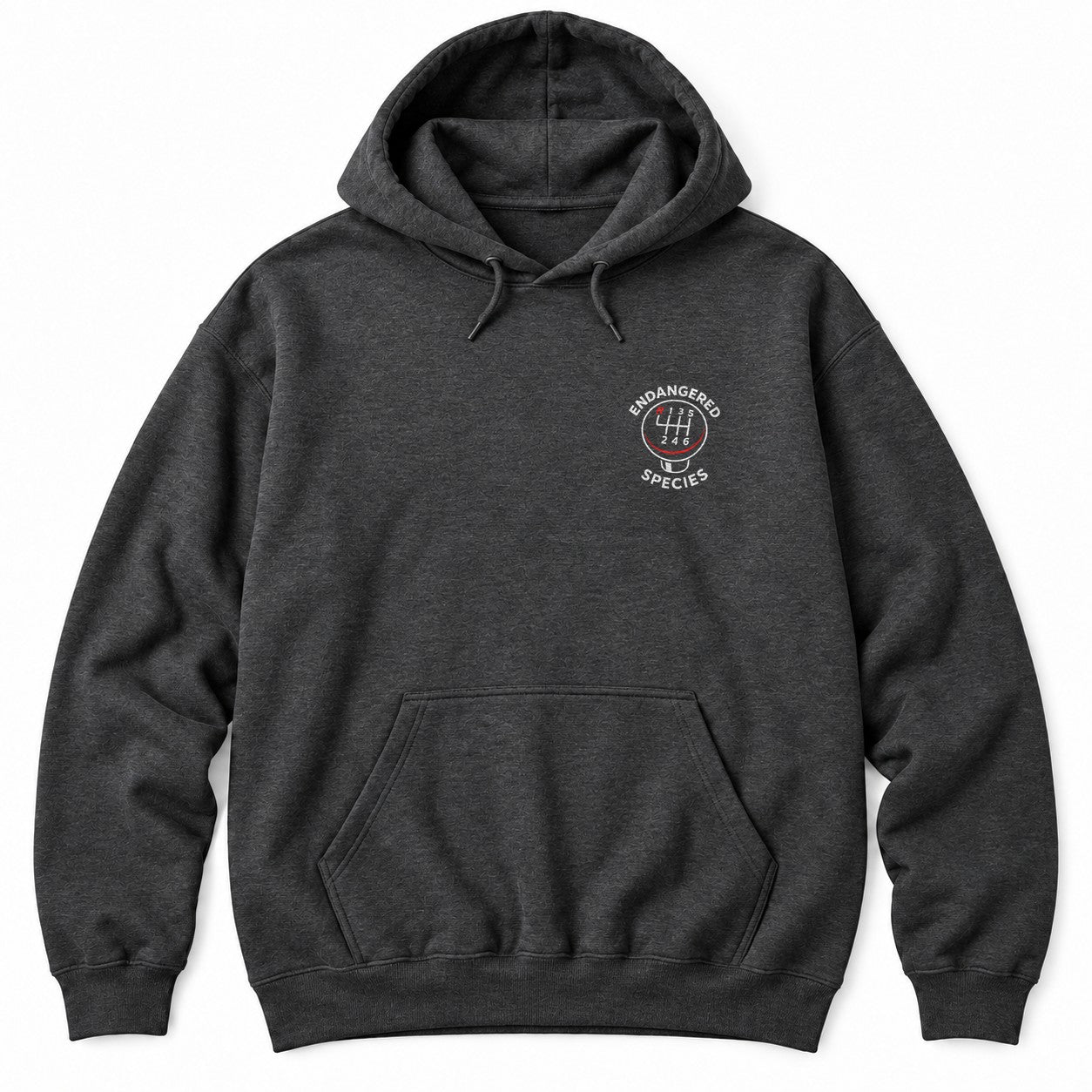 Dark Heather hoodie with a six-speed shift knob and ENDANGERED SPECIES arched around it in white letters