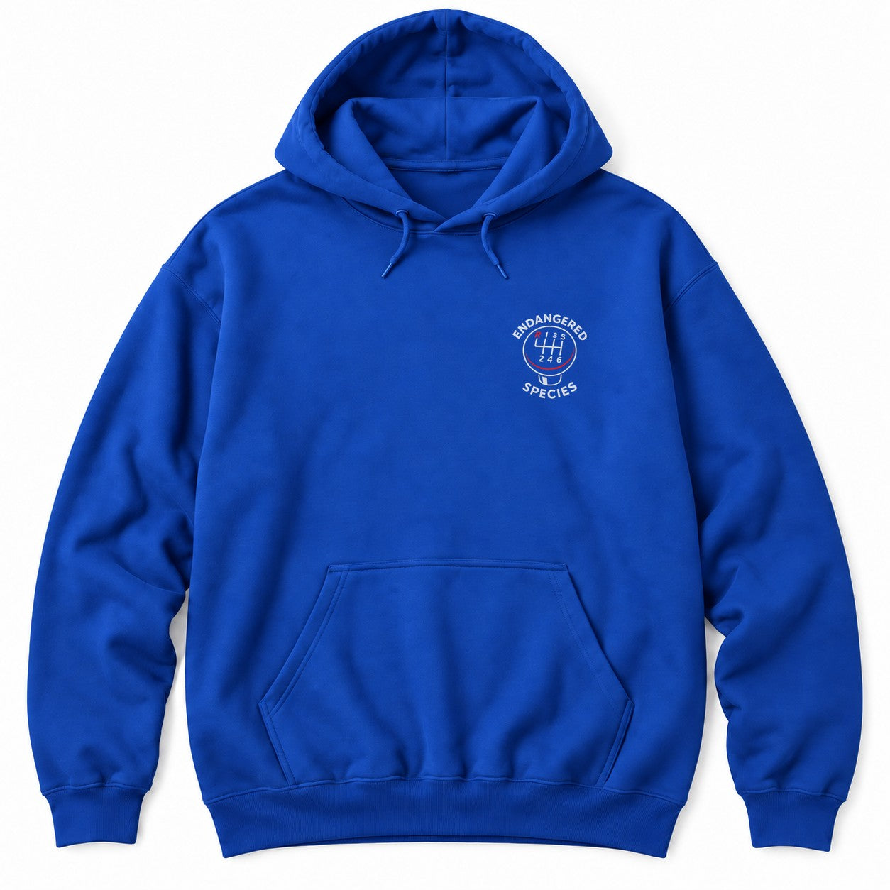 Royal hoodie with a six-speed shift knob and ENDANGERED SPECIES arched around it in white letters