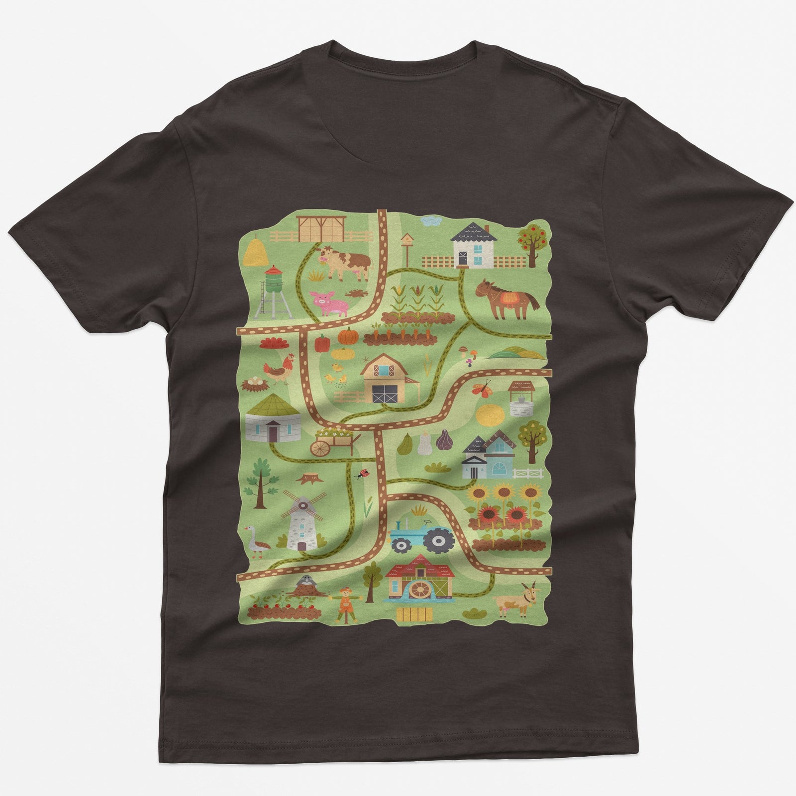 Dark Chocolate t-shirt with a farm road play mat on the back: barn, tractor, windmill, sunflowers and animals on winding roads