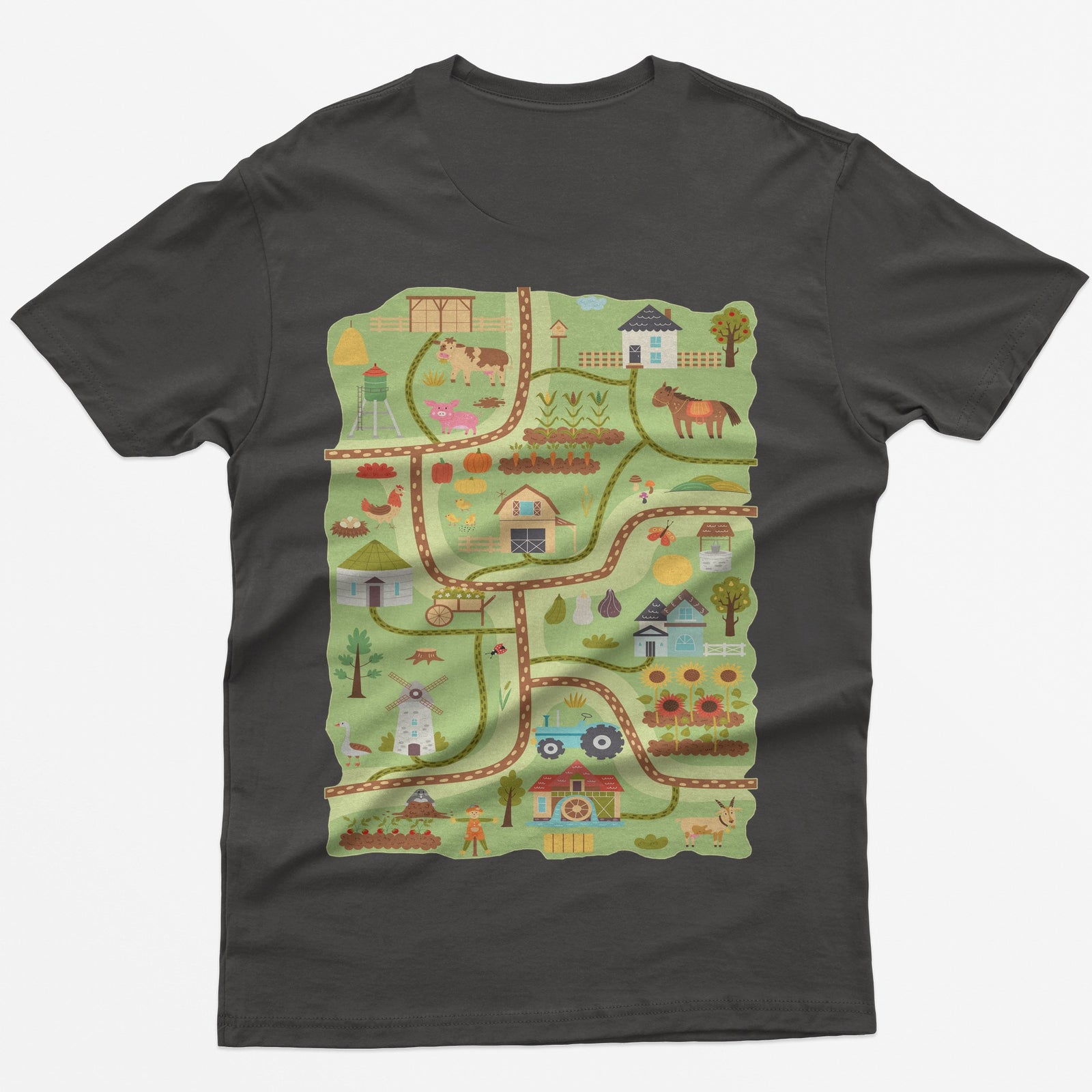 Dark Heather t-shirt with a farm road play mat on the back: barn, tractor, windmill, sunflowers and animals on winding roads