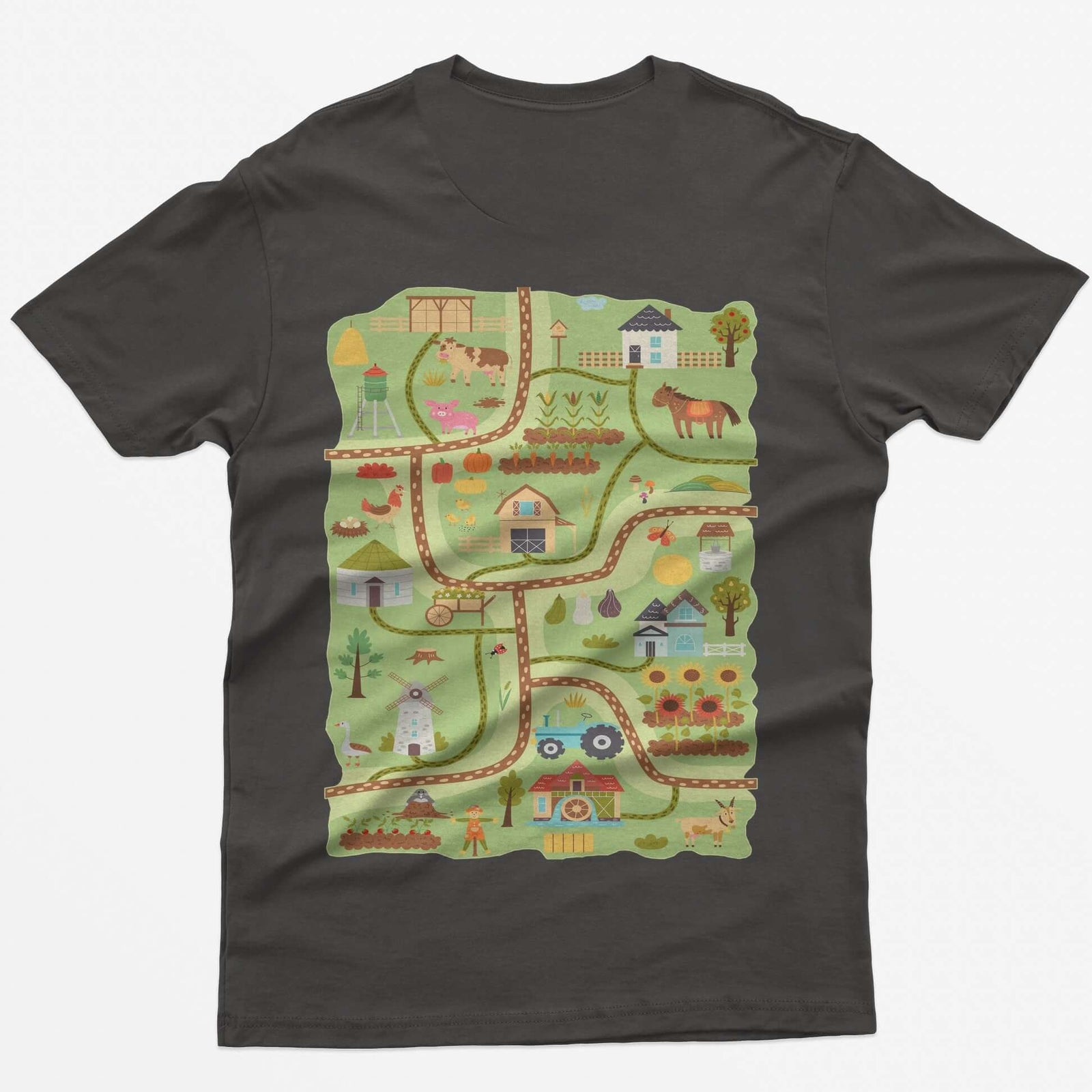 Dark Heather t-shirt with a farm road play mat on the back: barn, tractor, windmill, sunflowers and animals on winding roads