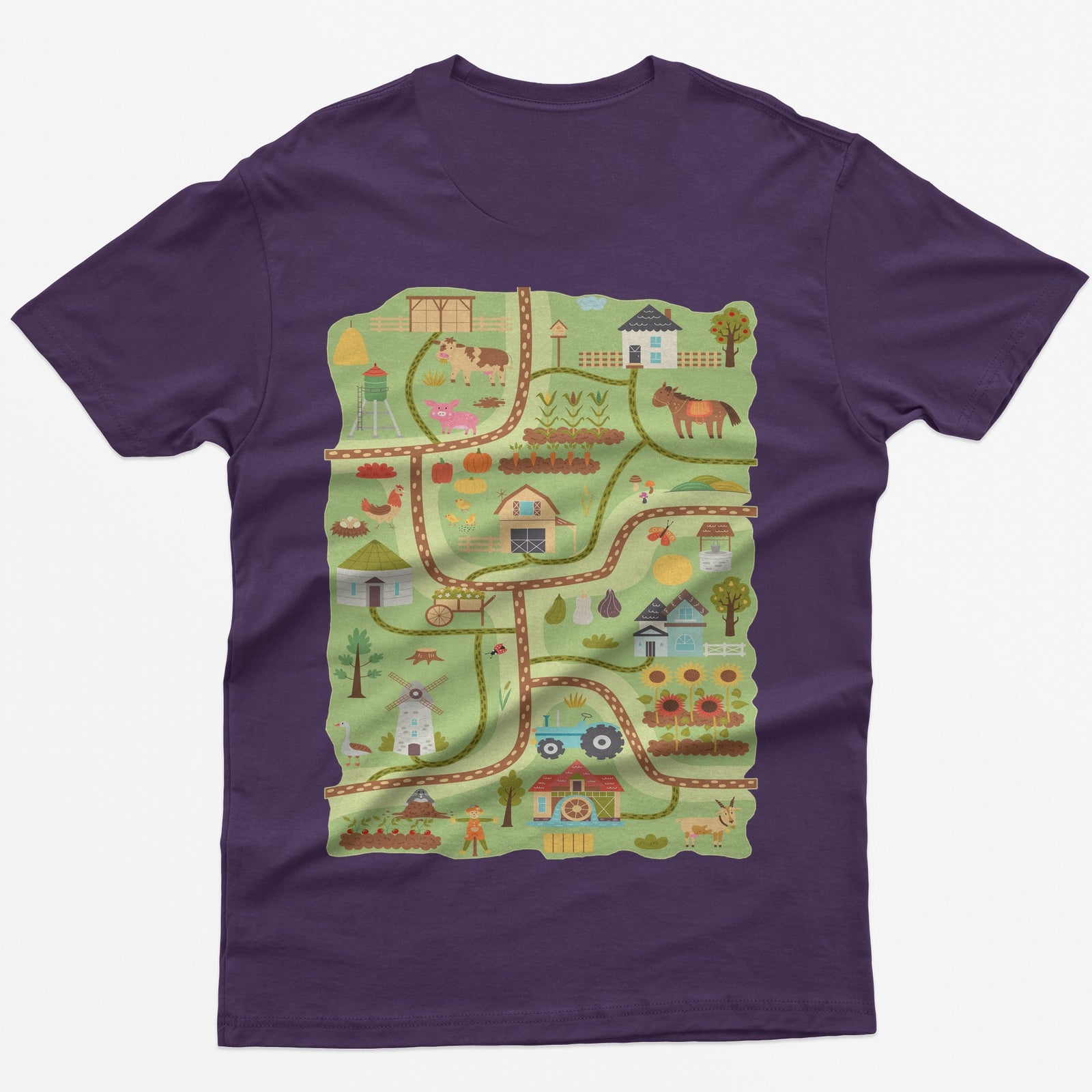 Purple t-shirt with a farm road play mat on the back: barn, tractor, windmill, sunflowers and animals on winding roads