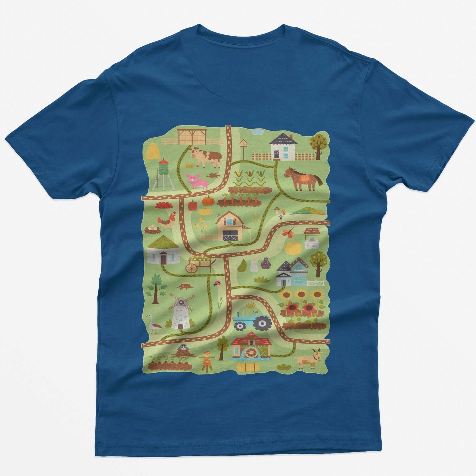 Royal t-shirt with a farm road play mat on the back: barn, tractor, windmill, sunflowers and animals on winding roads