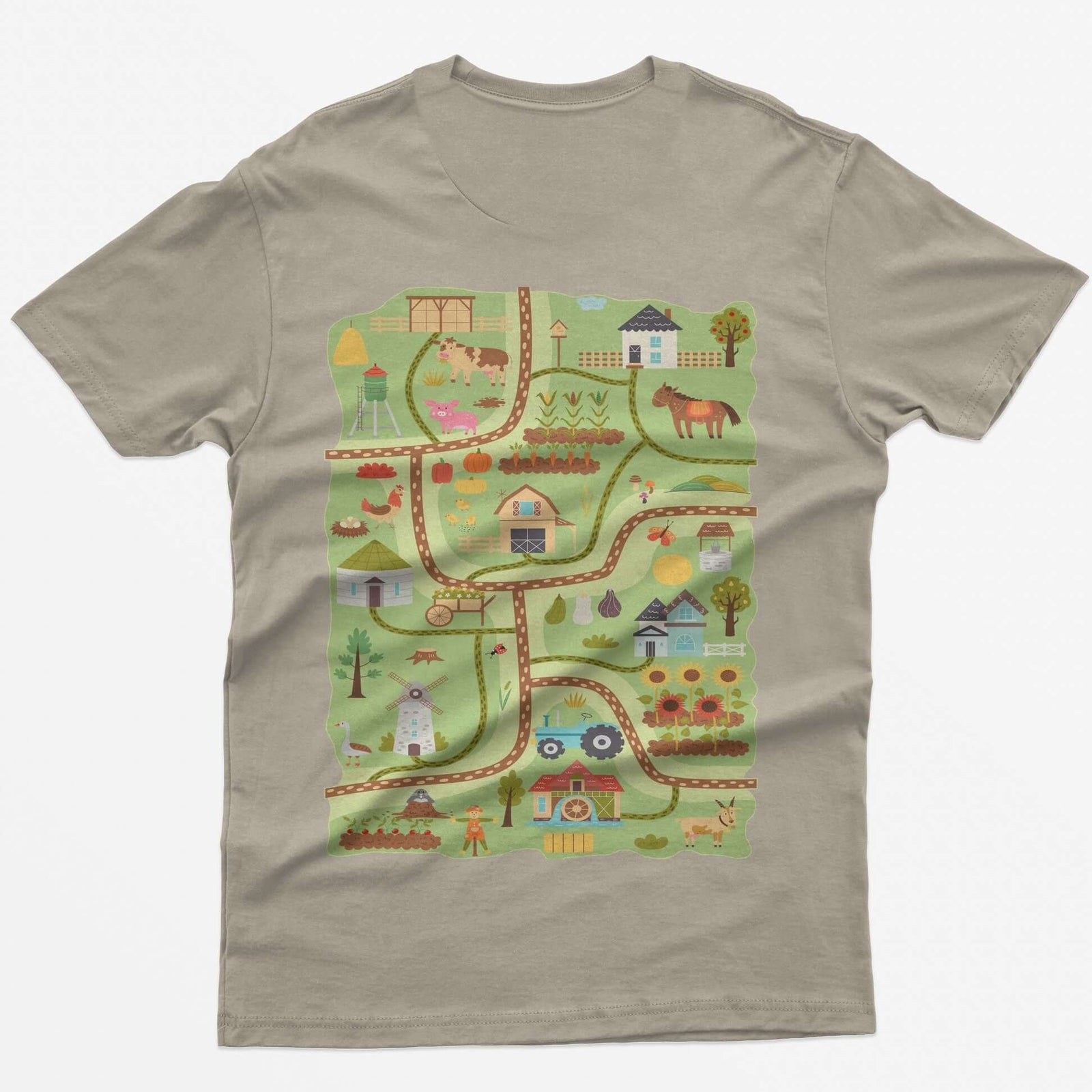 Sand t-shirt with a farm road play mat on the back: barn, tractor, windmill, sunflowers and animals on winding roads