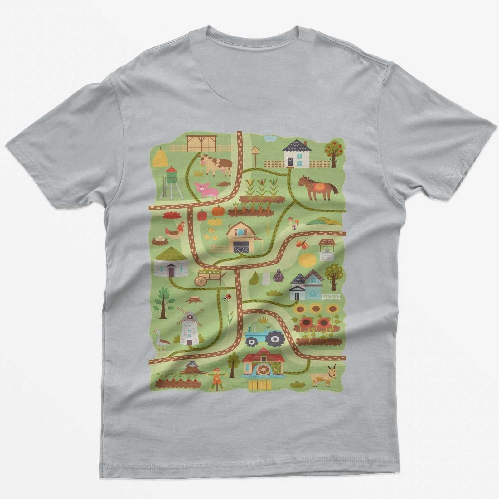 Sport Grey t-shirt with a farm road play mat on the back: barn, tractor, windmill, sunflowers and animals on winding roads