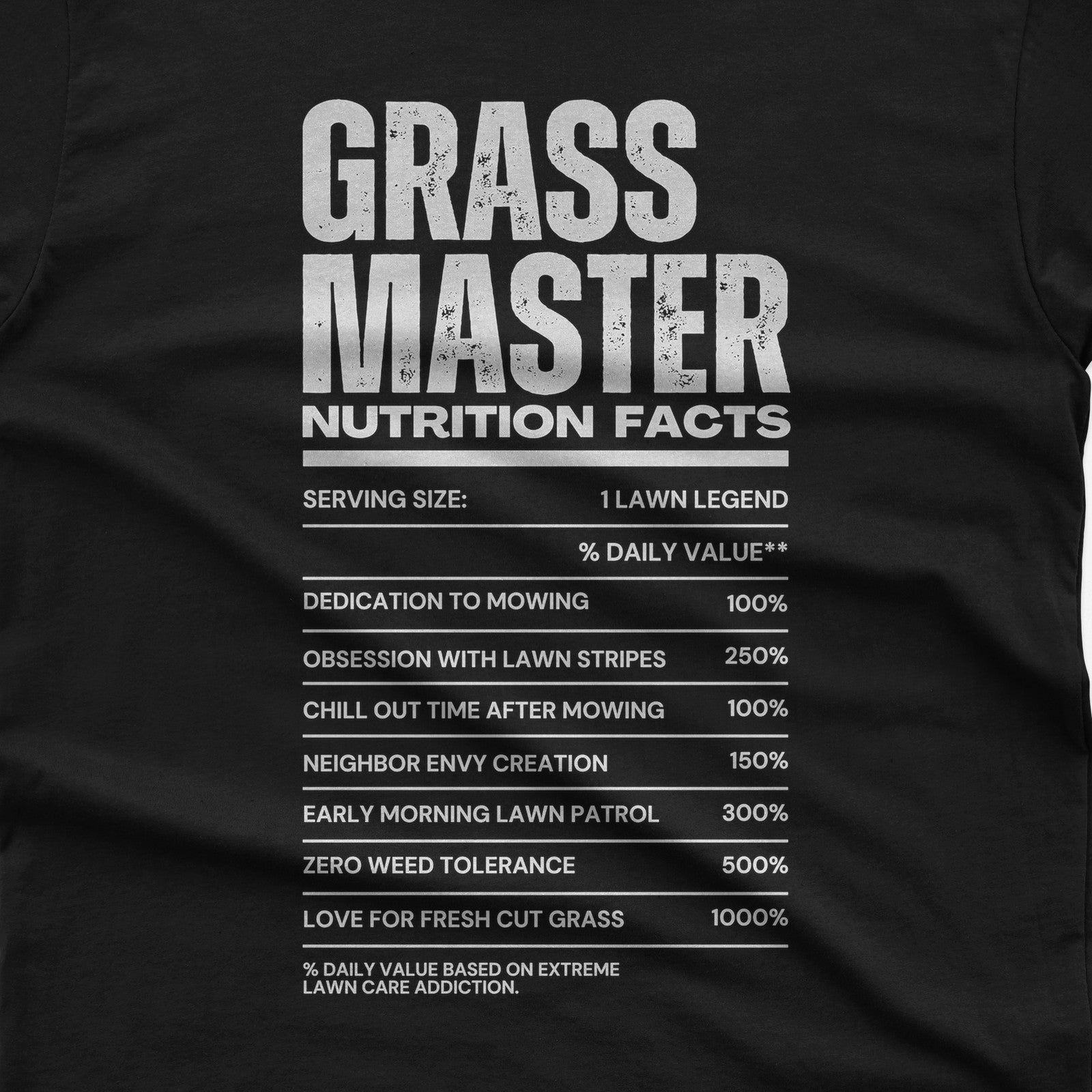 Grass Master Lawn Care Nutrition Facts T-Shirt design close-up