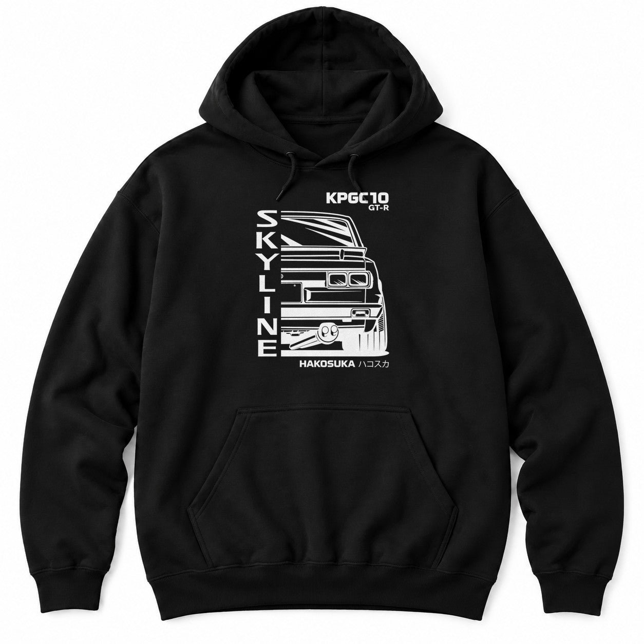 Black hoodie with a white rear-view line drawing of a boxy 70s Japanese coupe with square tail lights and katakana