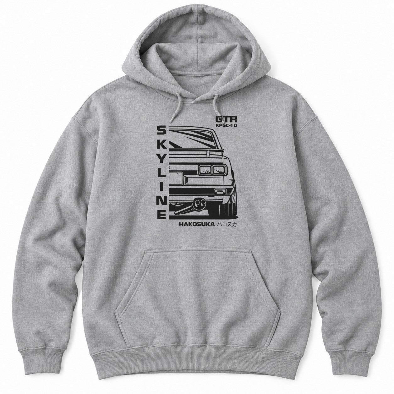 Athletic Heather hoodie with a white rear-view line drawing of a boxy 70s Japanese coupe with square tail lights and katakana