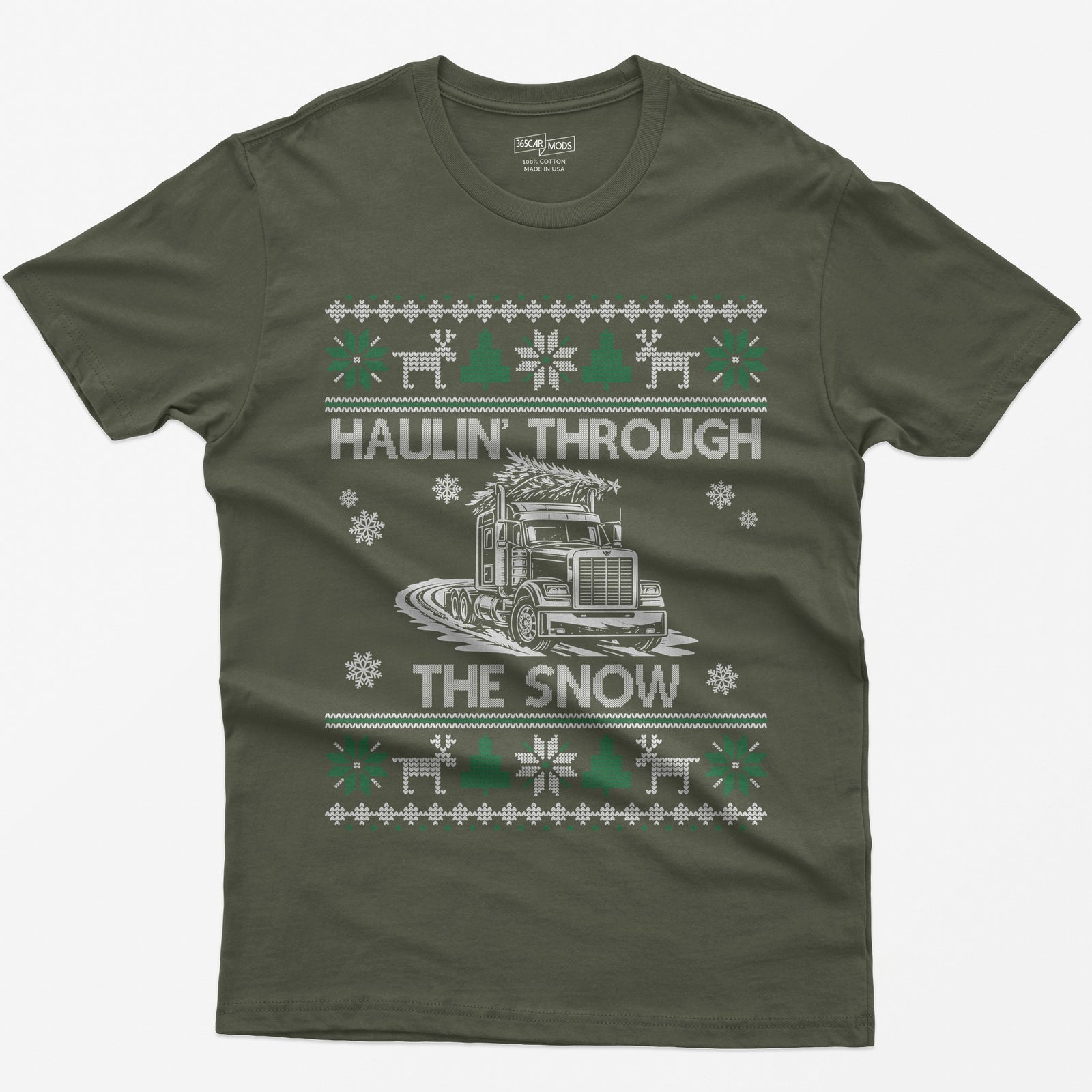 Haulin' Through the Snow Big Rig Christmas T-Shirt - Military Green