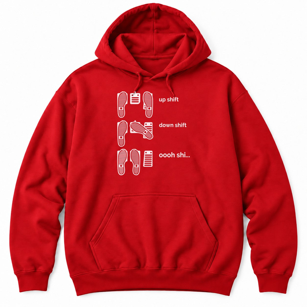 Red hoodie with shoe prints on three pedals labeled up shift, down shift and oooh shi...