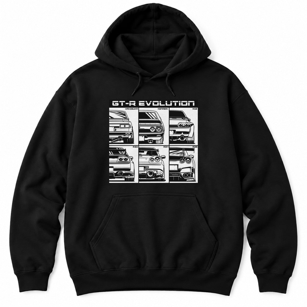 Black hoodie with a six-panel grid of black and white rear-view line drawings of JDM sports car generations