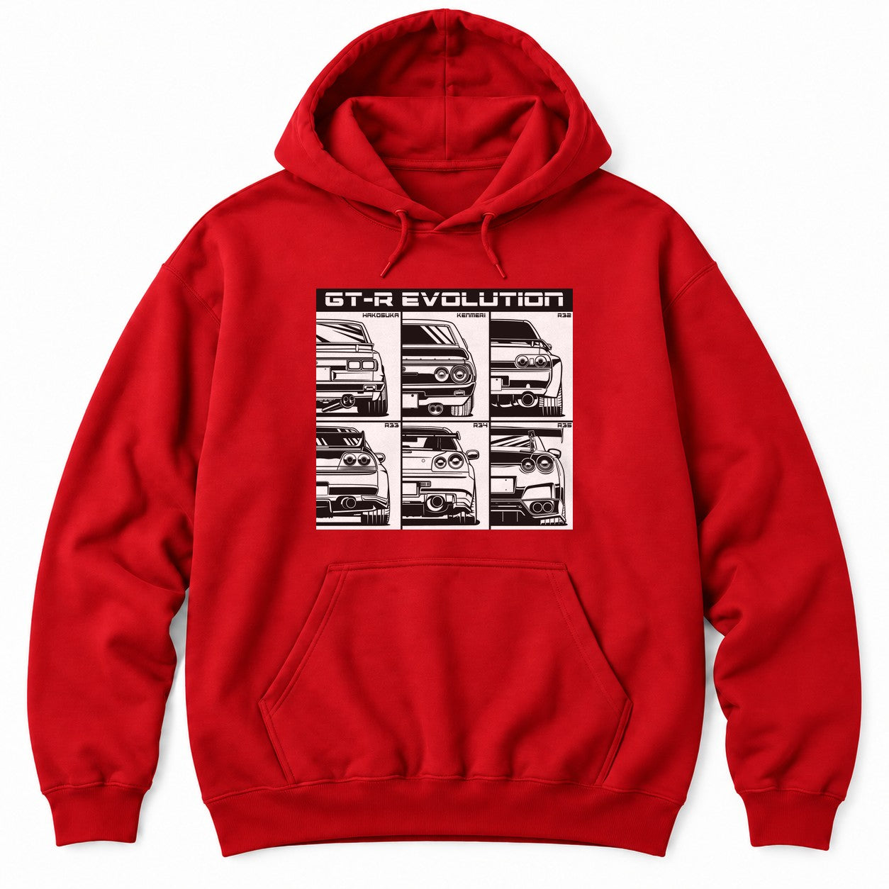 Red hoodie with a six-panel grid of black and white rear-view line drawings of JDM sports car generations