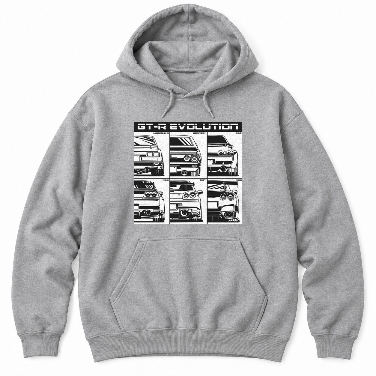 Athletic Heather hoodie with a six-panel grid of black and white rear-view line drawings of JDM sports car generations