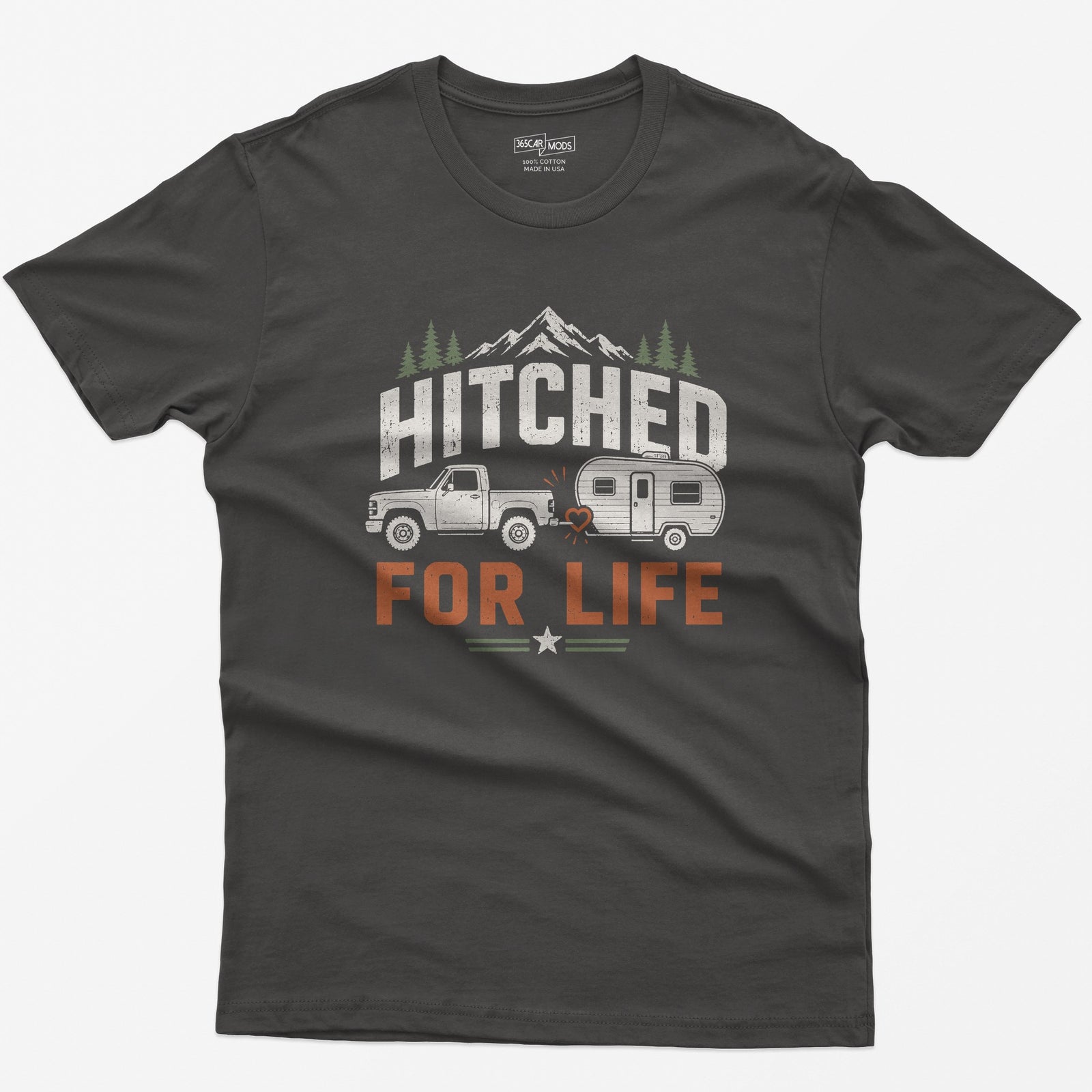 Dark Heather t-shirt with Hitched For Life, a pickup towing a travel trailer joined by a heart-shaped hitch, mountains and pines