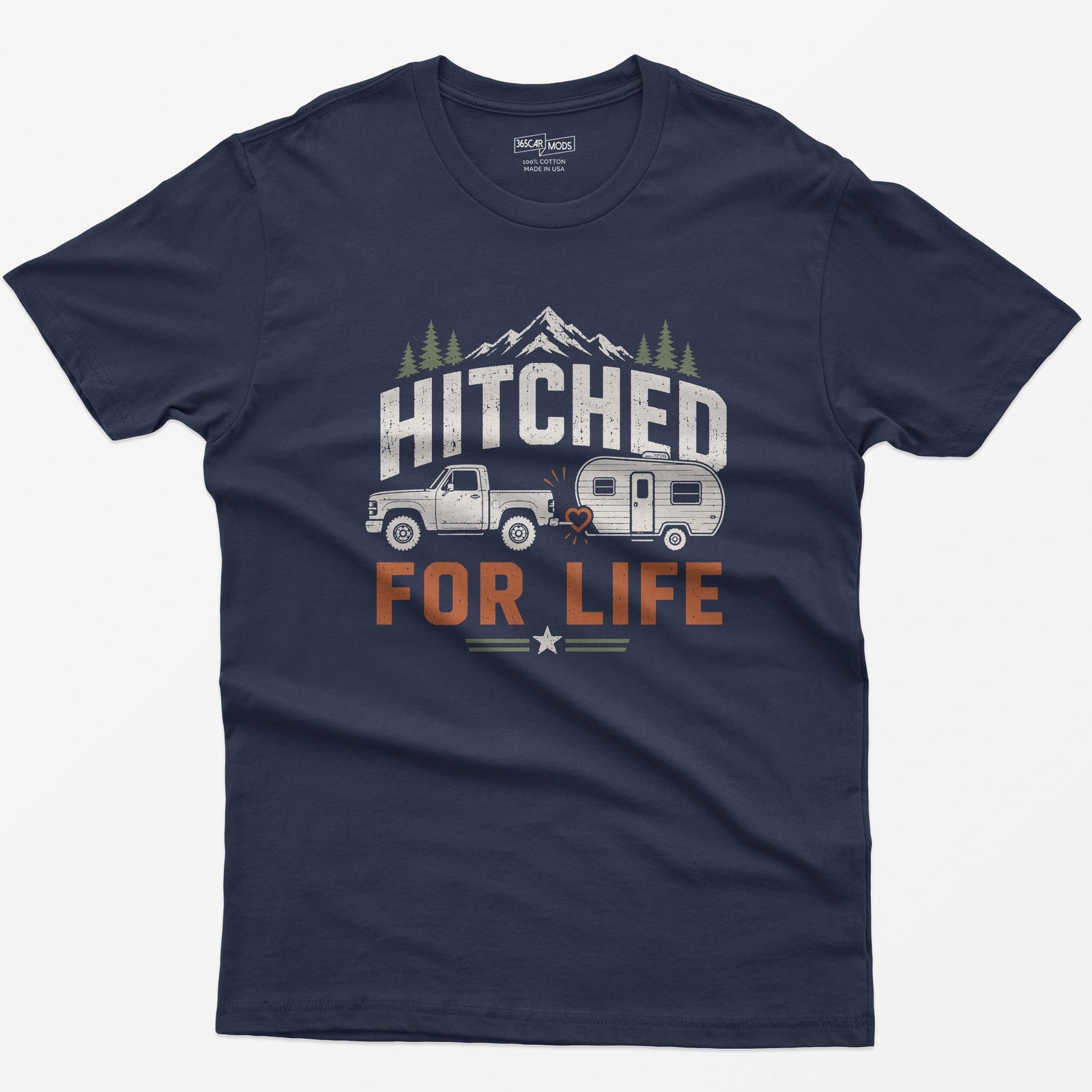 Heather Navy t-shirt with Hitched For Life, a pickup towing a travel trailer joined by a heart-shaped hitch, mountains and pines
