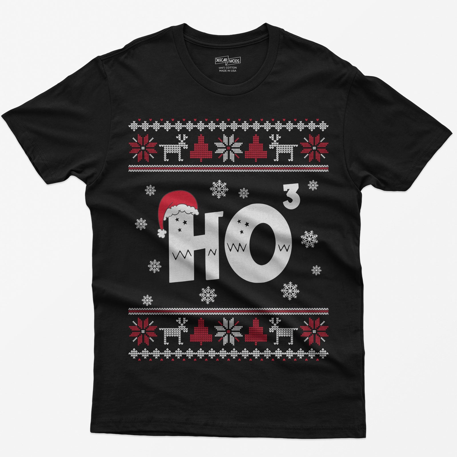 Black t-shirt with Ho cubed, a large HO with exponent 3 in knit lettering wearing a Santa hat, surrounded by snowflakes
