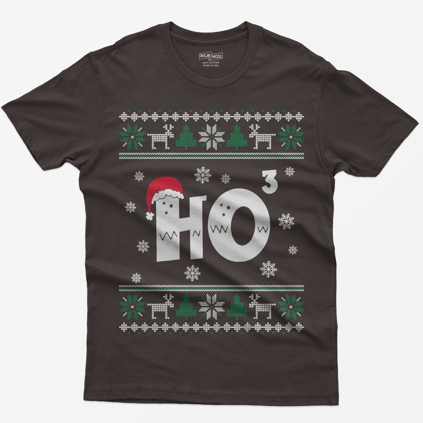 Dark Chocolate t-shirt with Ho cubed, a large HO with exponent 3 in knit lettering wearing a Santa hat, surrounded by snowflakes