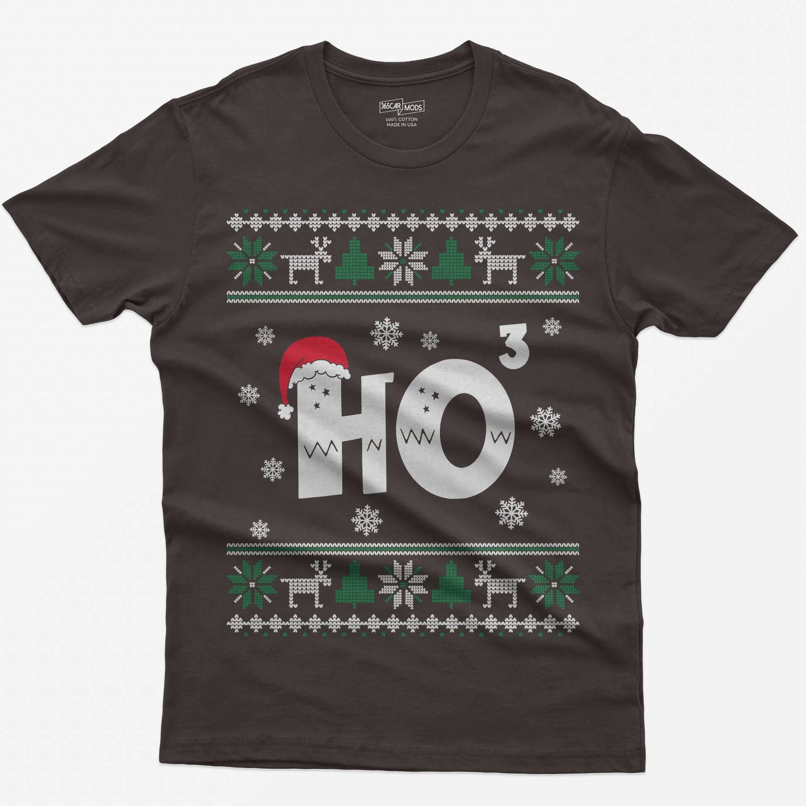 Dark Chocolate t-shirt with Ho cubed, a large HO with exponent 3 in knit lettering wearing a Santa hat, surrounded by snowflakes
