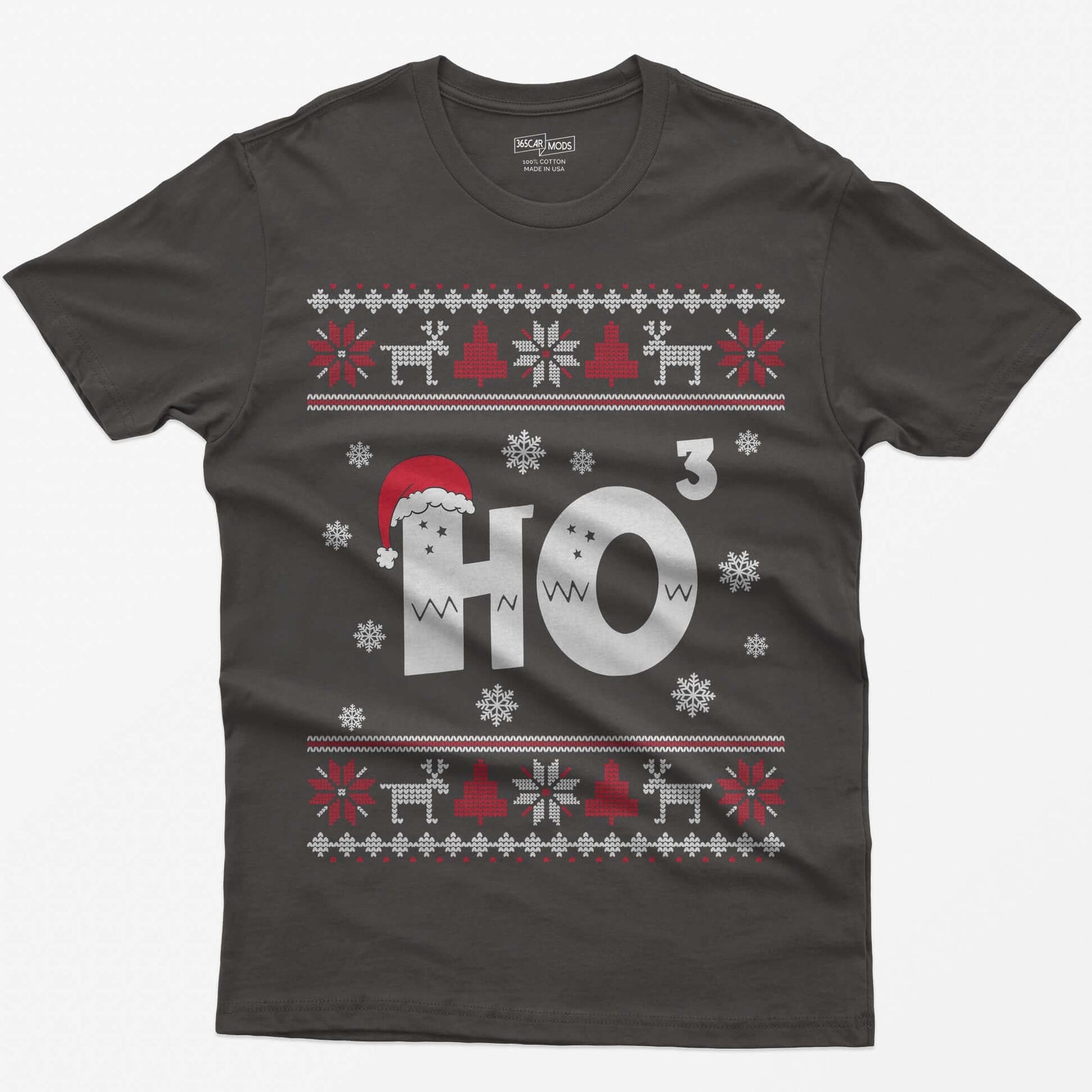Dark Heather t-shirt with Ho cubed, a large HO with exponent 3 in knit lettering wearing a Santa hat, surrounded by snowflakes